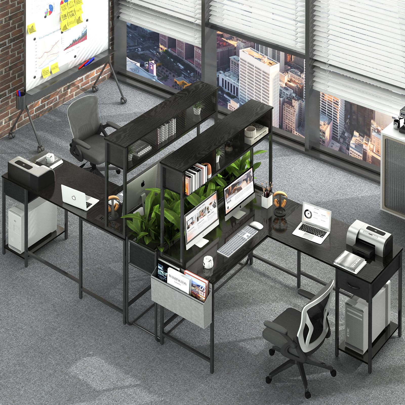 Yoobure L-Shaped Gaming Desk with LED Lights & Power Outlet - Reversible Computer Corner Desk with Storage Shelf, Drawer & Organizer Bag - Ergonomic Home Office Workstation for 2 People (Black) - Perfect for Small Spaces, Gaming Setups & Shared Workspaces