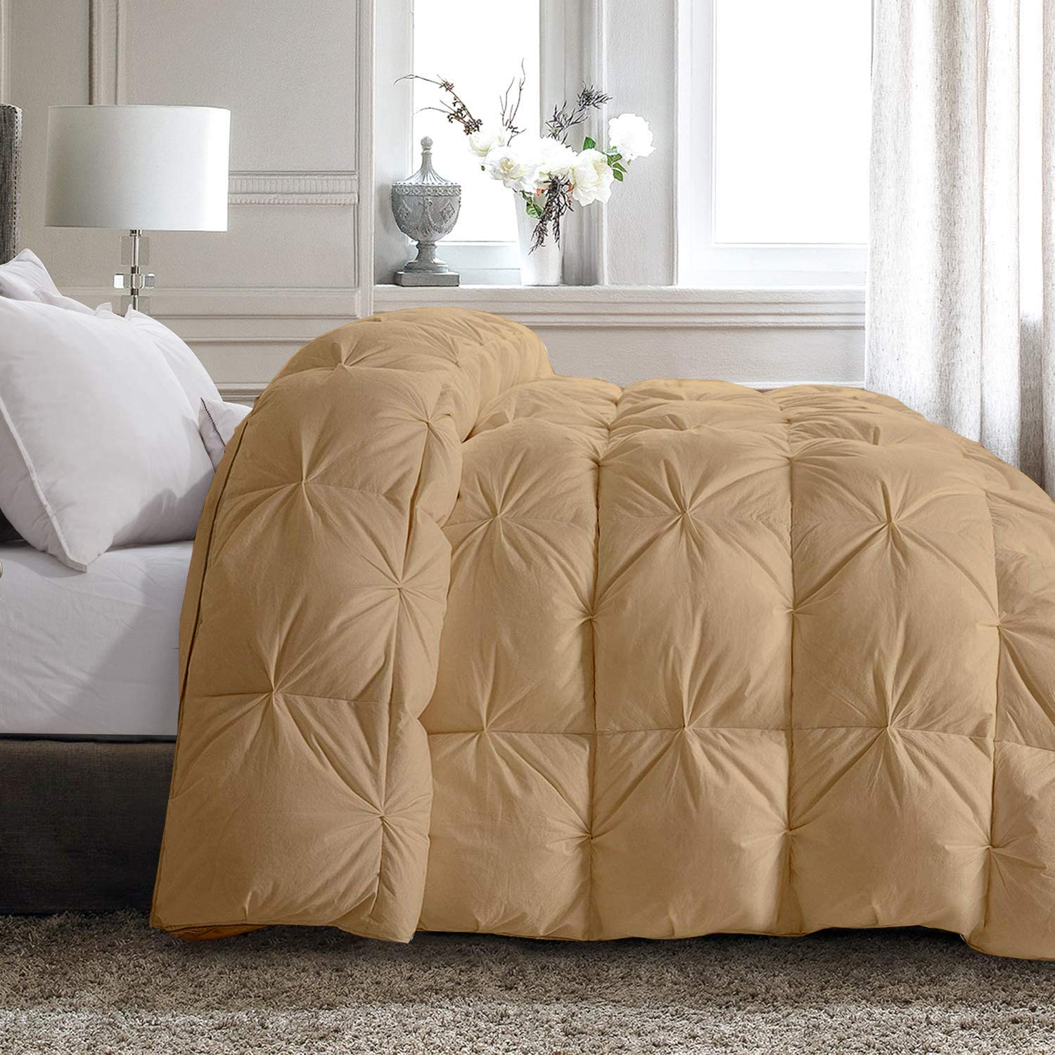 Premium Taupe Pinch Pleat Goose Down Comforter Set - King/Cal-King Size, 100% Egyptian Cotton Duvet Insert with 500 GSM Fill, 800 Thread Count, Baffle Box Design & Corner Tabs - Includes 2 Pillow Cases (3pc) - Perfect for Luxurious Bedroom Decor & Cozy Winter Nights