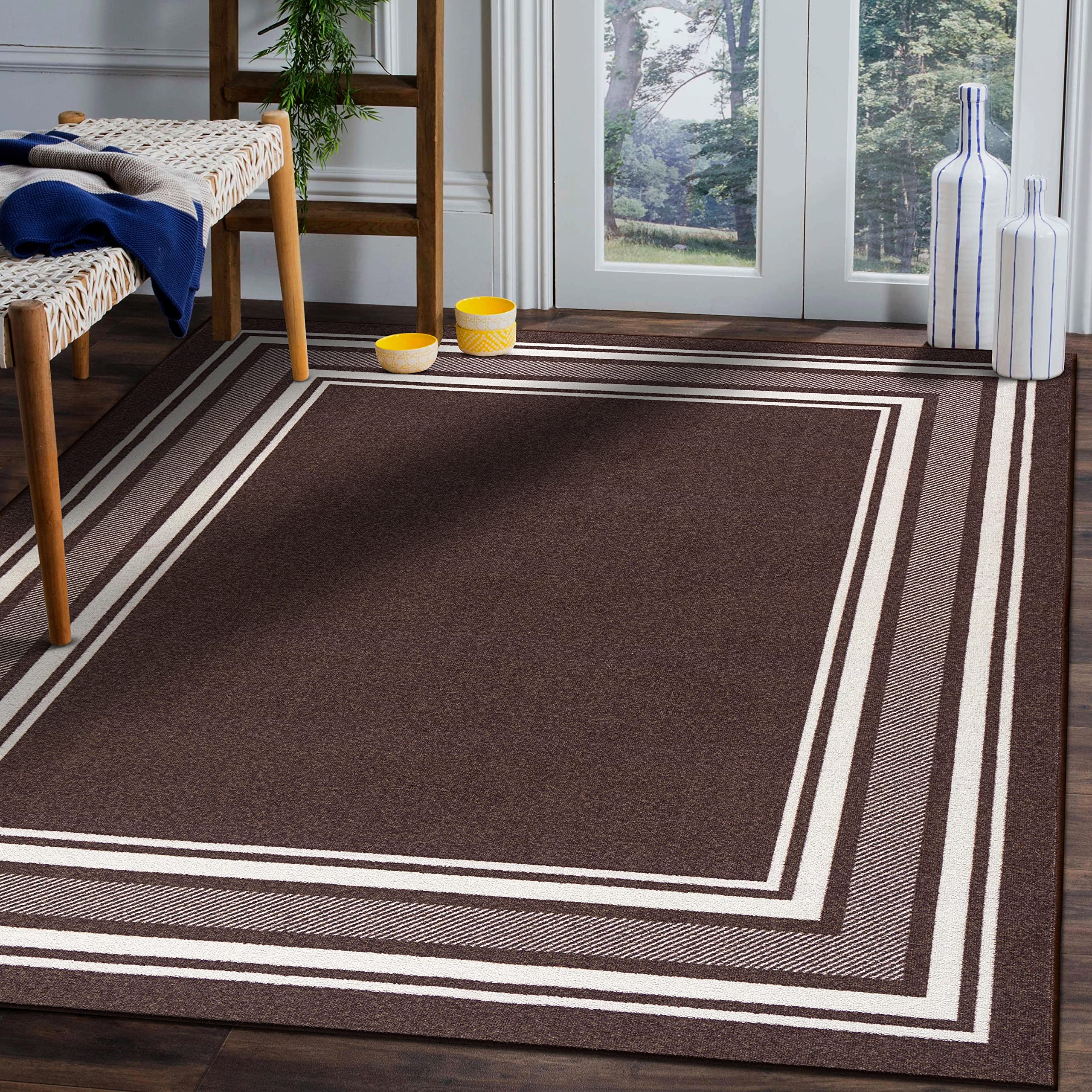 Modern Brown 8x10 Area Rug with Non-Skid Rubber Backing - Beverly Bordered Rug for Living Room, Dining Room & Bedroom - Soft Indoor Carpet for Home Decor & Cozy Spaces