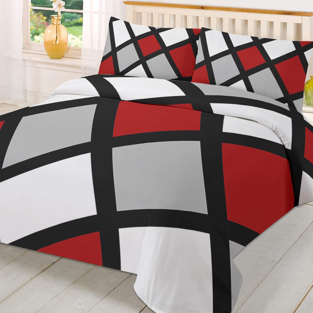 3-Piece King Size Tribal Abstract Duvet Cover Set - Red Irregular Pattern with 2 Pillowcases | Cozy Warm Bedding Collection for Modern Bedroom Decor | Perfect for Guest Rooms, Master Suites & Bohemian Style Homes