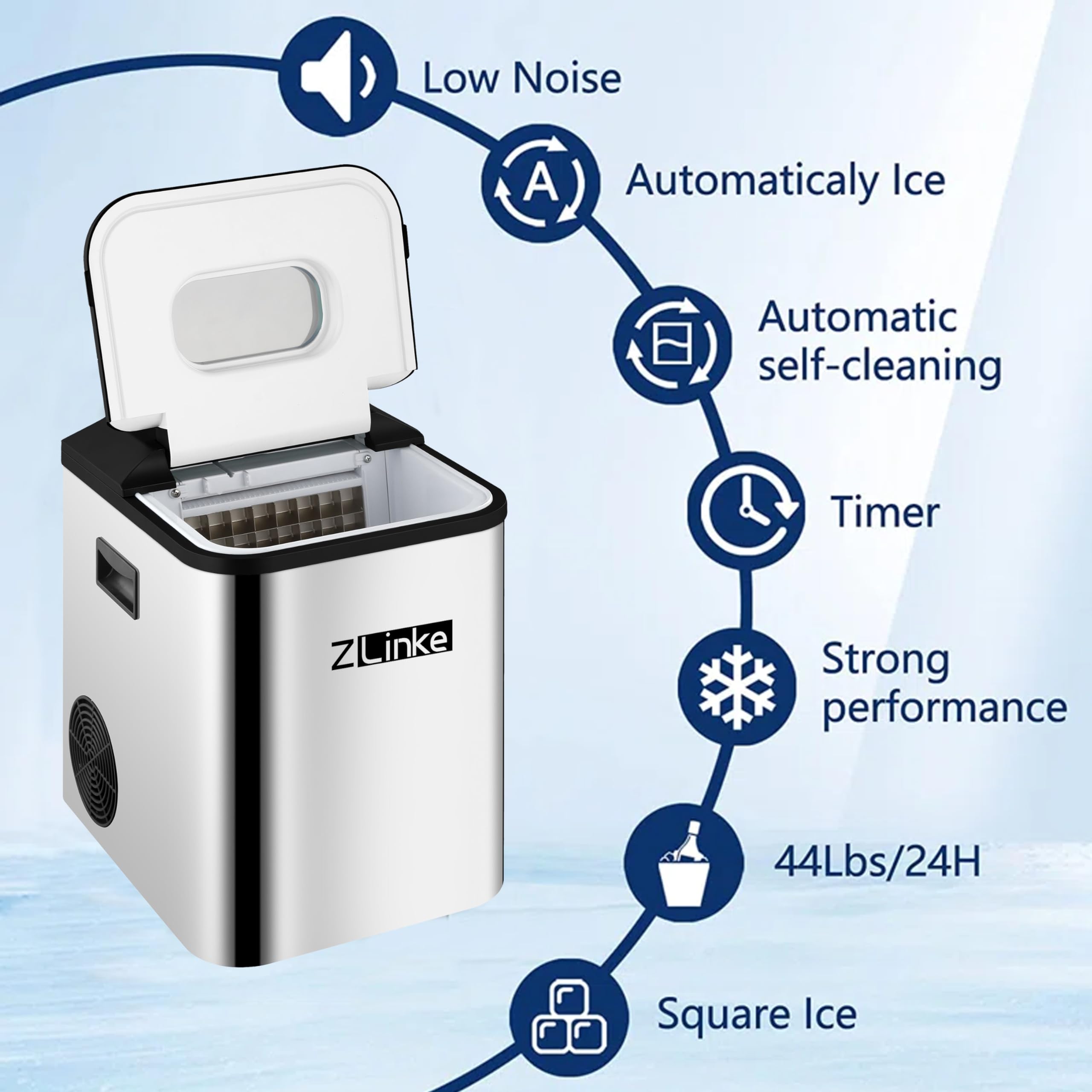 Portable Countertop Ice Maker Machine - 44Lbs/24H, Self-Cleaning, Makes 24 Ice Cubes in 15 Mins - Compact Ice Maker with Scoop & Basket for Home, Kitchen, Office, Bar, RV & Outdoor Parties