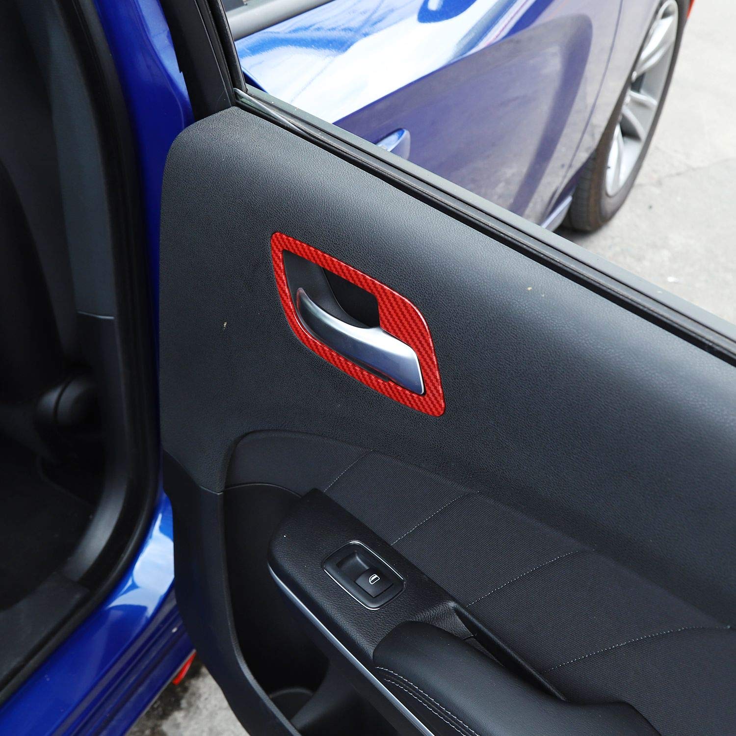 Voodonala ABS Red/Black Fiber Inner Door Handle Bowl Trim Kit (4pcs) for 2011-2019 Dodge Charger - Upgrade Interior Accessories for Car Enthusiasts & Customization Projects