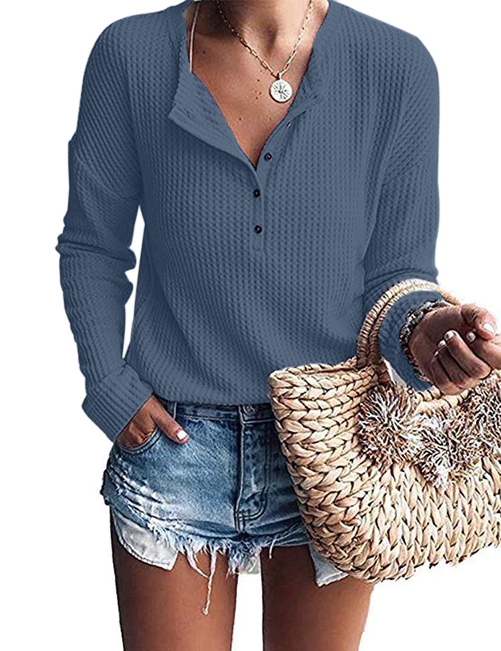 MOLERANI Women's Waffle Knit Tunic Top - Loose Fit Long Sleeve Button Up V-Neck Henley Shirt for Casual Wear & Layering | Perfect for Fall and Winter Outfits