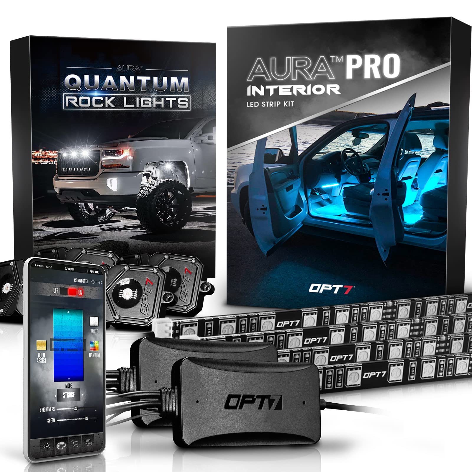 OPT7 Rock Lights & Interior Lights Bundle Kit for Car, Pickup Truck, ATV, UTV, Jeep, Ford, Tacoma, 4Runner, Chevy, GMC, Dodge Ram - Smart APP Control, 16 Million Colors, Music Sync - Perfect for Off-Roading, Car Shows & Night Driving