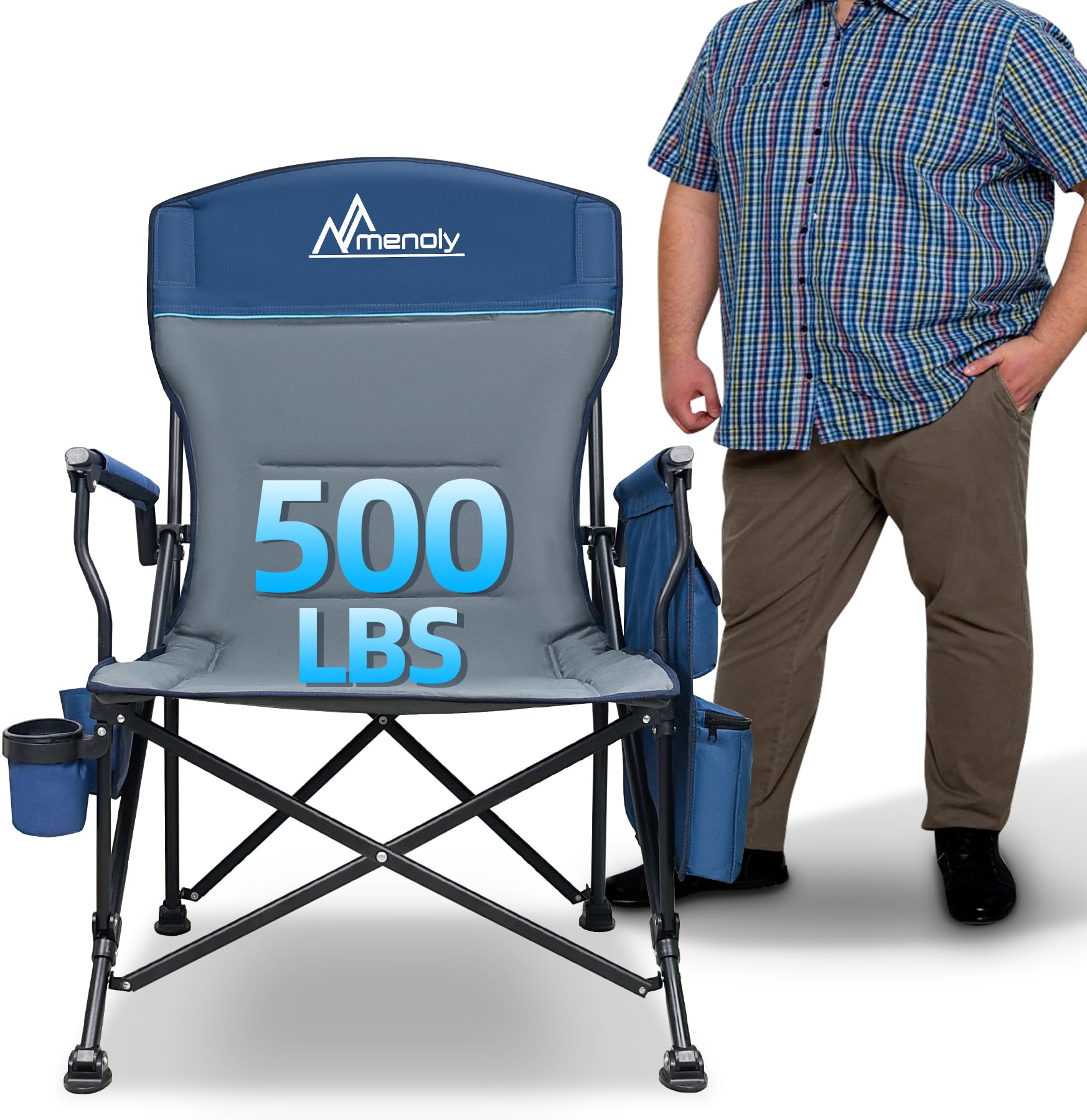 MENOLY Oversized Folding Camping Chair with Cooler Bag - Heavy Duty 500lbs Capacity Portable Chair for Adults - Side Pockets & Cup Holder - Perfect for Camping, Beach, Fishing, Backyard & Outdoor Events