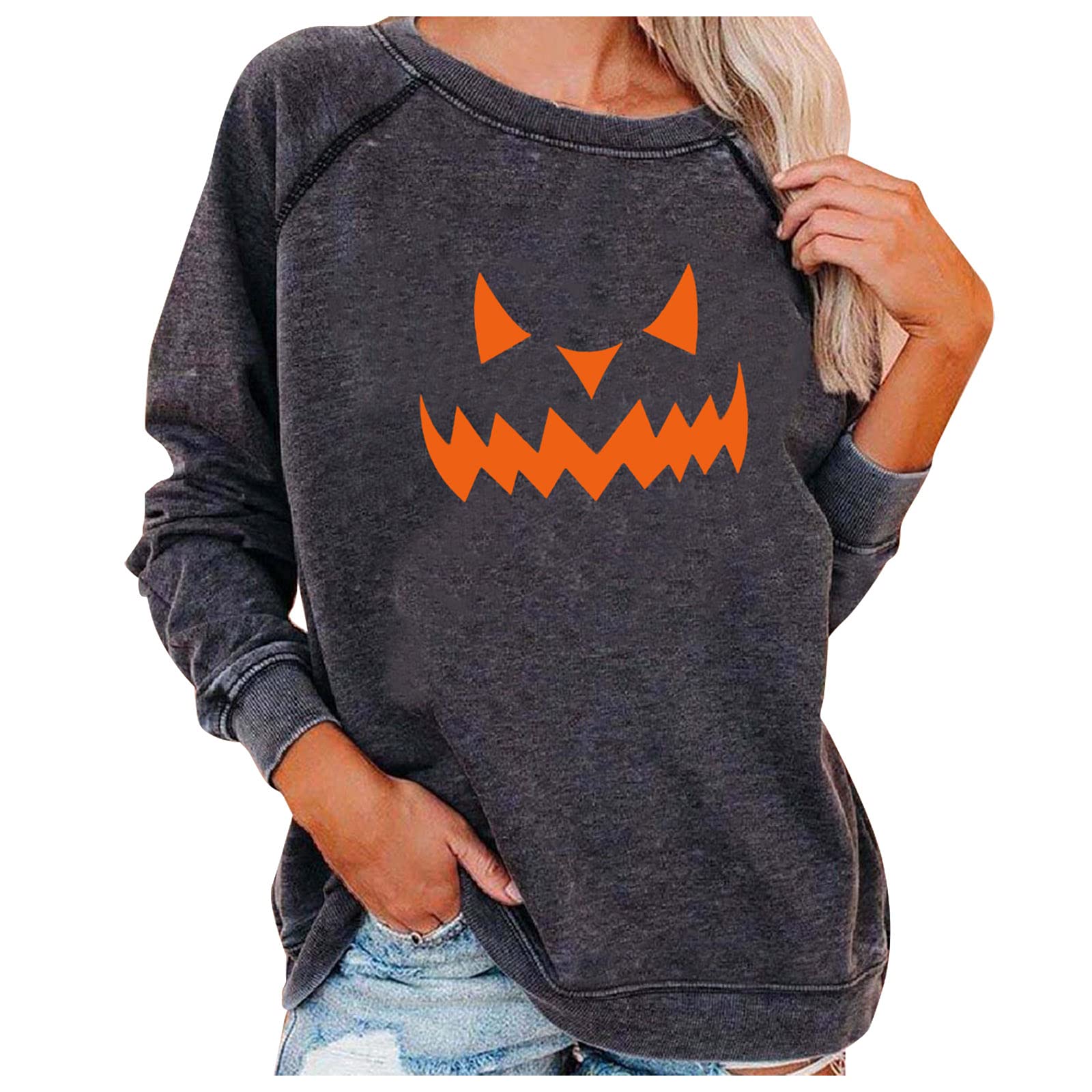 Women's Halloween Pumpkin Print Long Sleeve Sweatshirt - Lightweight Casual Pullover Top for Fall & Cozy Autumn Outfits | Perfect for Halloween Parties, Pumpkin Patch Visits and Seasonal Layering