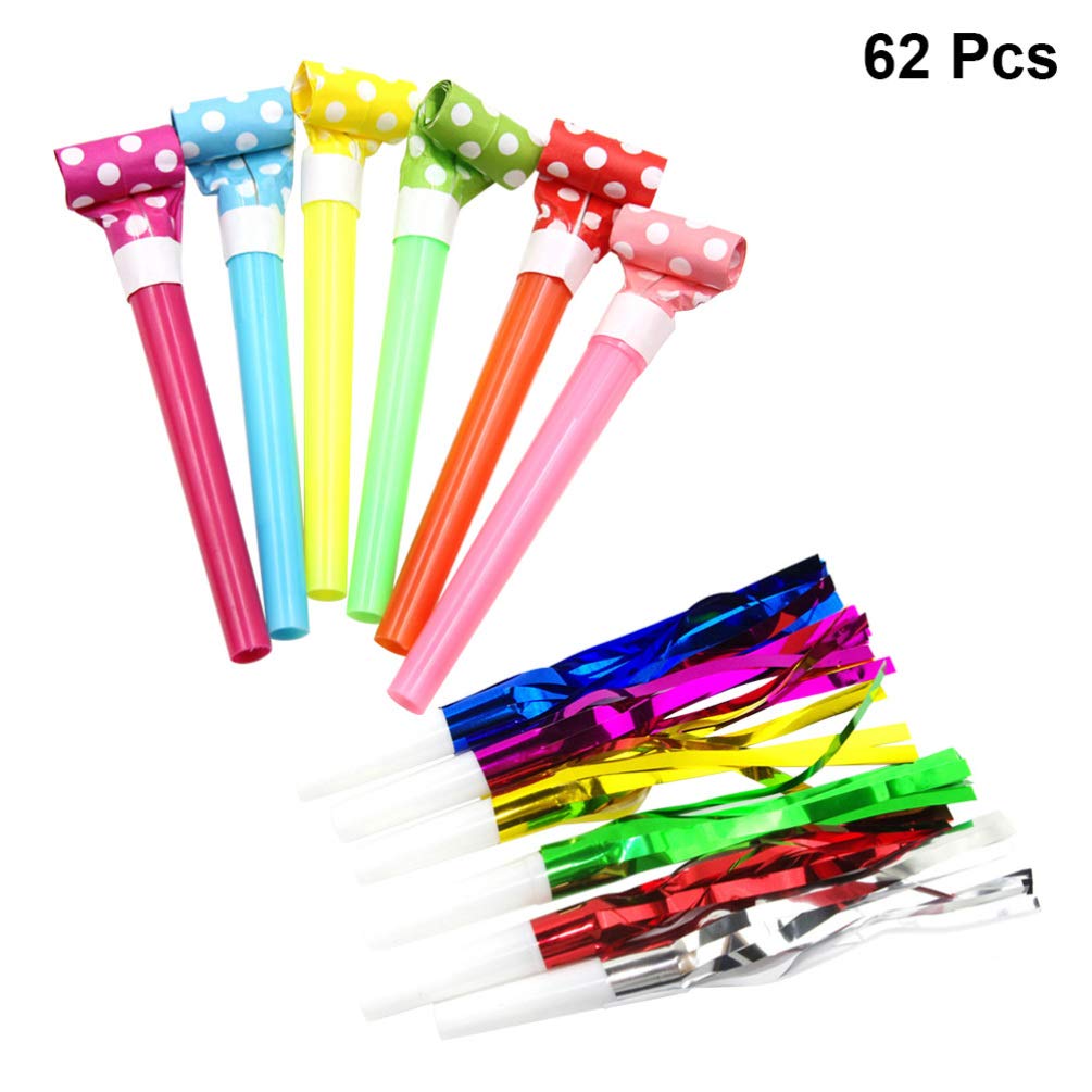 Amosfun 62pcs Christmas Party Favor Bags - Happy Birthday Banner, Airplane Toys, Blowout Whistles, Mushroom Cupcake Toppers & Noise Makers for Kids Birthday Celebrations, Christmas Stocking Stuffers & Classroom Party Favors