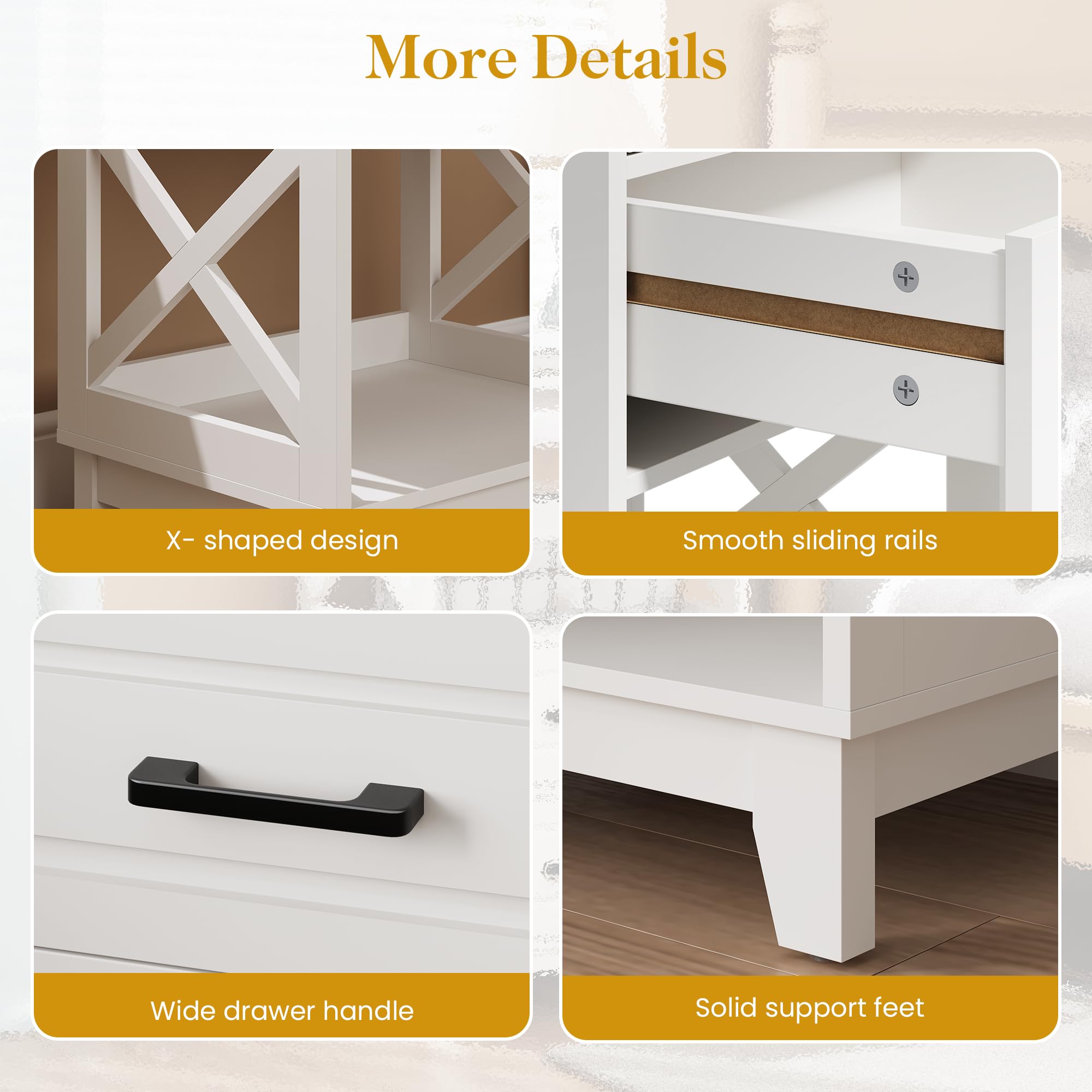 RoyalCraft White Modern Nightstand - Tall Bedside Table with 2 Drawers & Open Shelf, Solid Wood Feet - Perfect for Bedroom, Home Office & Small Space Living (White)