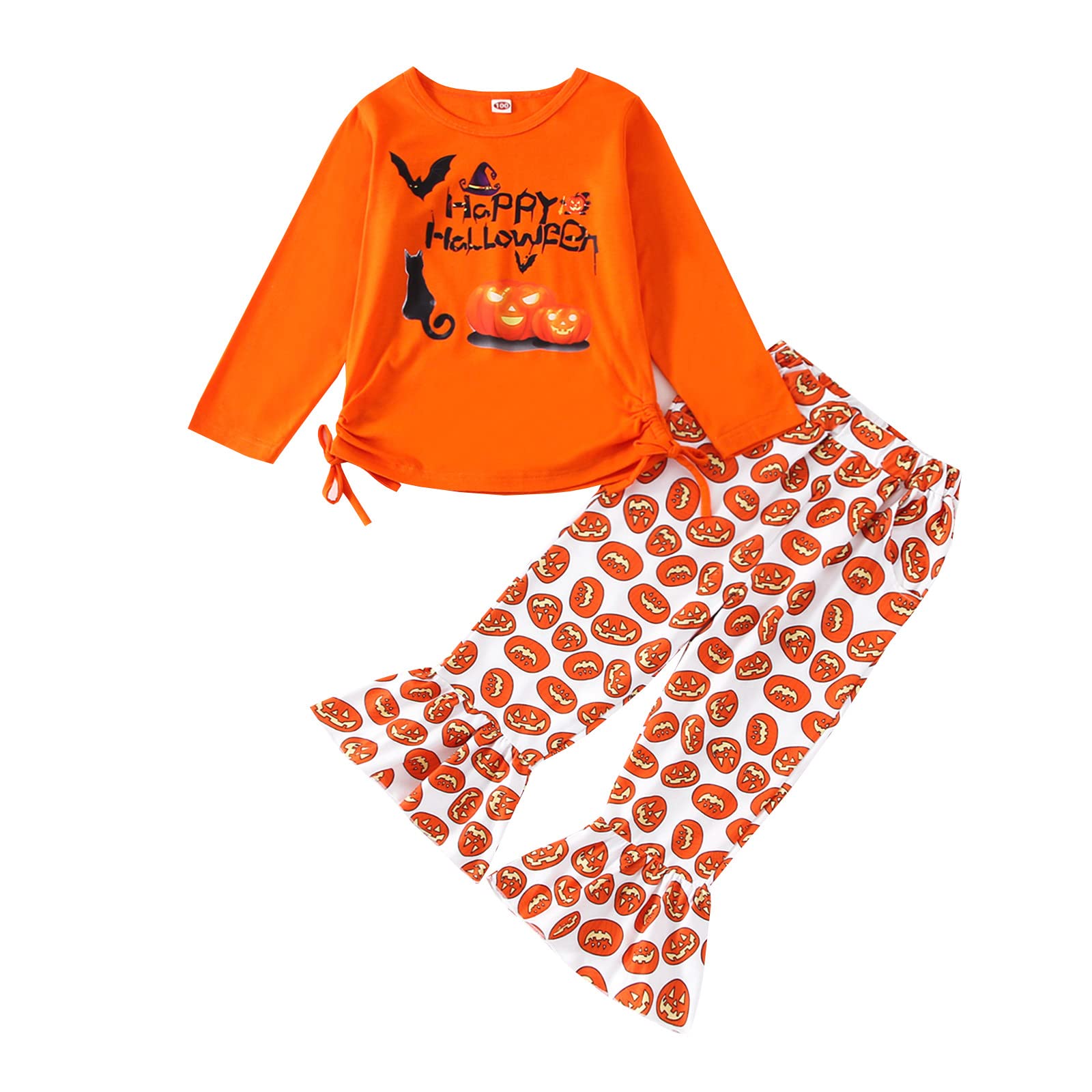Unisex Baby Halloween Outfit - Long Sleeve Cartoon T-Shirt & Pumpkin Print Flare Pants Set for Toddlers & Kids (Girls & Boys) | Perfect for Halloween Parties, Trick-or-Treating & Festive Family Photos
