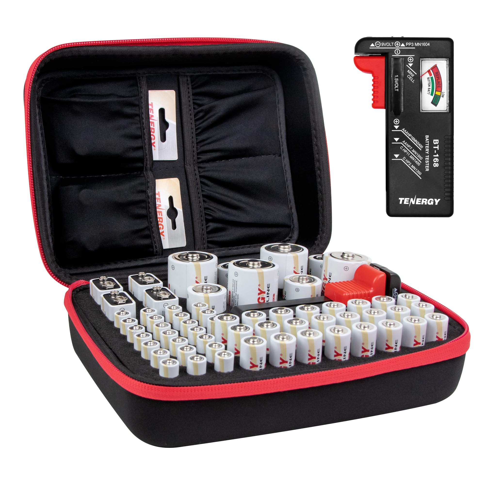 Tenergy Battery Organizer Storage Case with Built-in Battery Tester - Holds 60 AA AAA C D 9V Batteries (Batteries Not Included) | Perfect for Home, Office & Emergency Kits