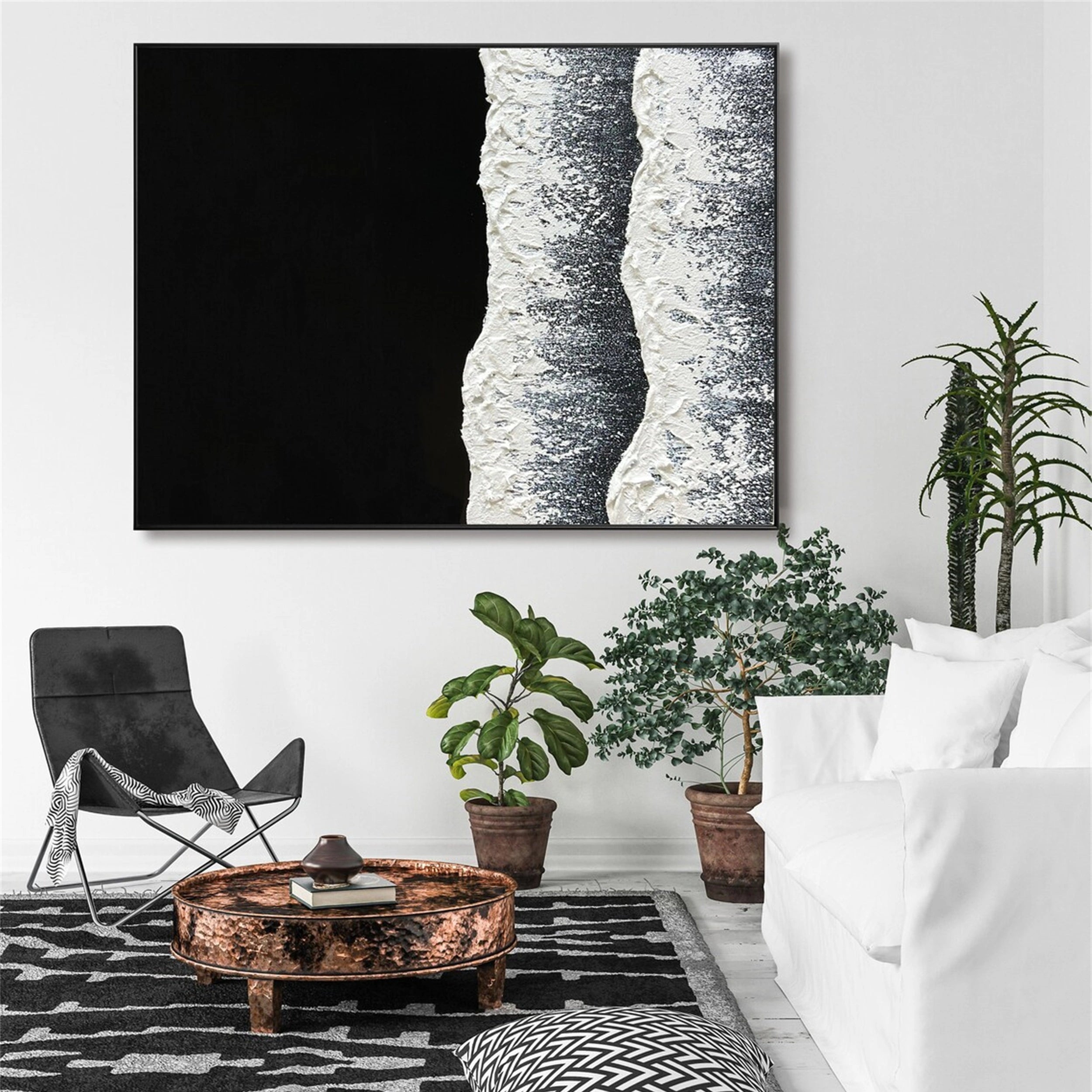 Black and White Textured Minimalist Wall Art Print #MZ057 - Modern Abstract Canvas Painting for Living Room, Bedroom & Office Decor