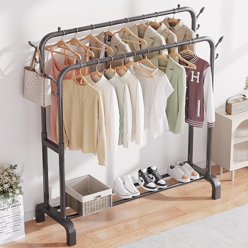 Double Rod Garment Rack with 4 Hooks - Heavy Duty Clothes Hanging Organizer for Coats, Shirts, Skirts & Sweaters | Space Saving Bedroom & Closet Storage Solution | Perfect for Small Spaces, Dorm Rooms & Laundry Areas