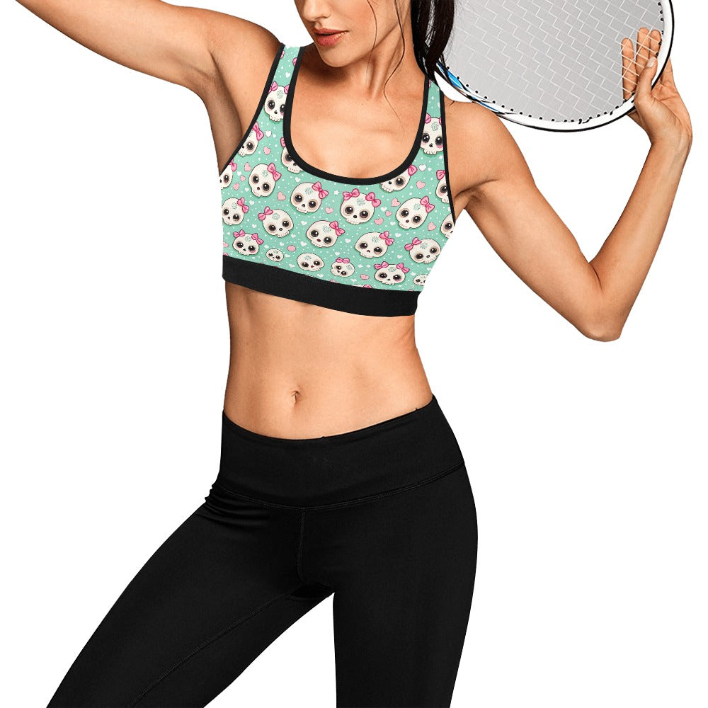 Stylish Skull Print Sports Bra with Bow Detail - Perfect for Yoga, Gym & Casual Workouts