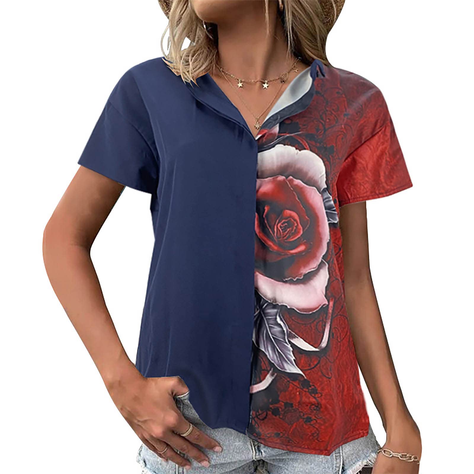 COKUERA Women's Fitted Summer V-Neck Blouse - Thin Casual Cropped Short Sleeve Floral Button Top - Breathable & Lightweight for Outdoor Activities, Beach Vacations & Summer Parties