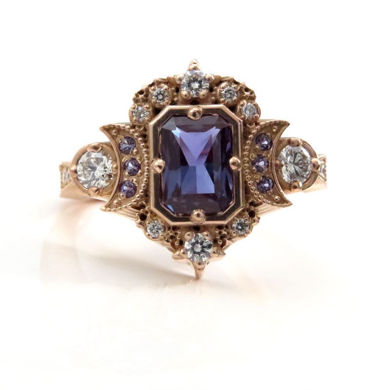 Radiant Emerald Cut Alexandrite & Diamond Selene Crescent Moon Engagement Ring | Chatham Lab-Grown Gemstone | Perfect for Proposals, Anniversaries & Special Occasions