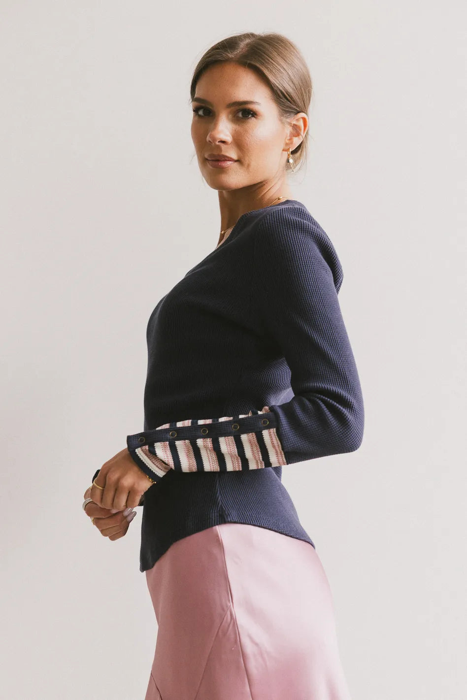 Ashton Waffle Knit Women's Long Sleeve Top - Soft & Comfortable Navy Blue Sweater for Fall & Winter | Casual Outfit, Layering Piece, Office Wear