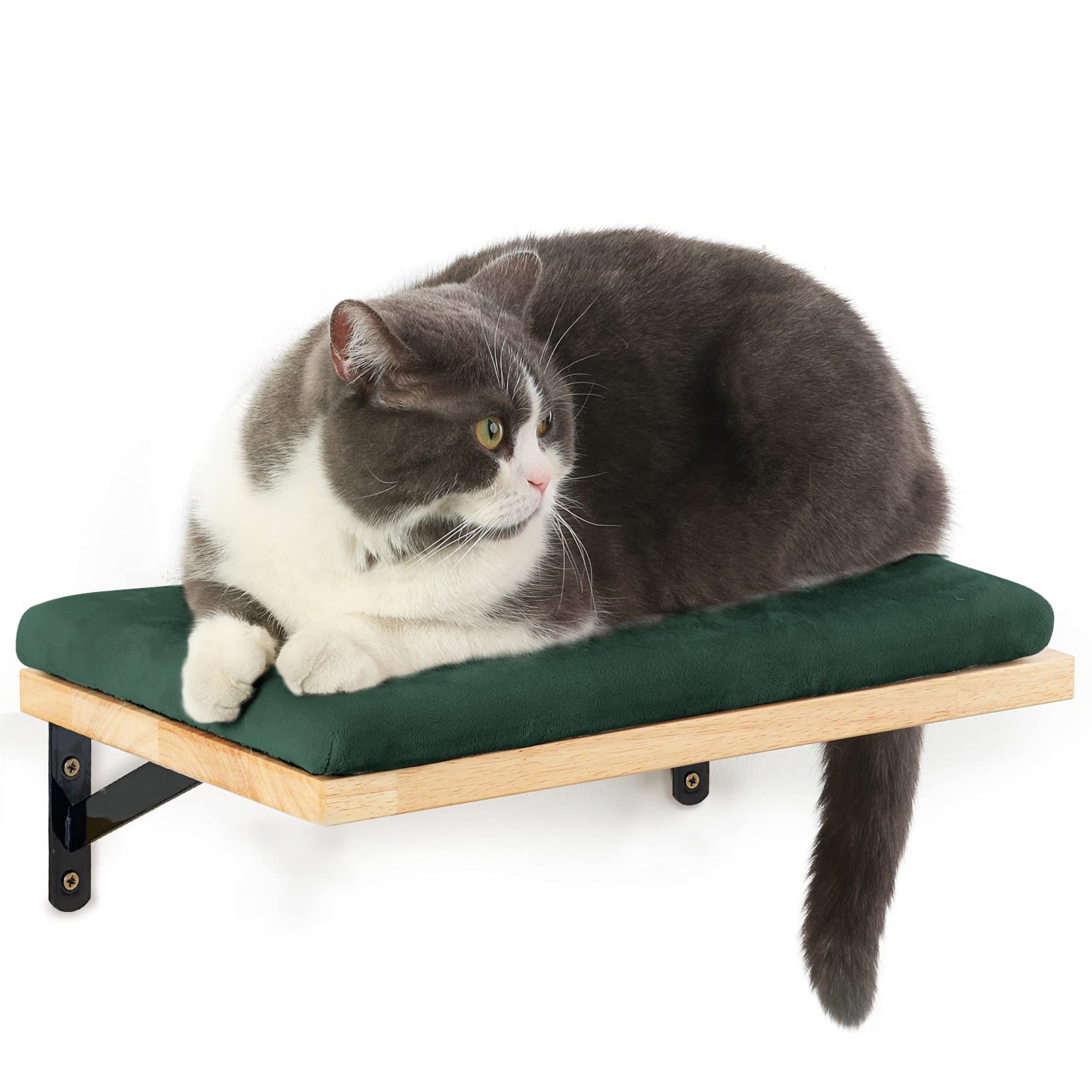 Floating Wall Shelf with Cat Design - 15.7 x 10 Inch Solid Rubber Wood Hanging Shelf with Faux Lamb Mat - Perfect for Home Decor, Bathroom Storage, and Pet Lover Gifts
