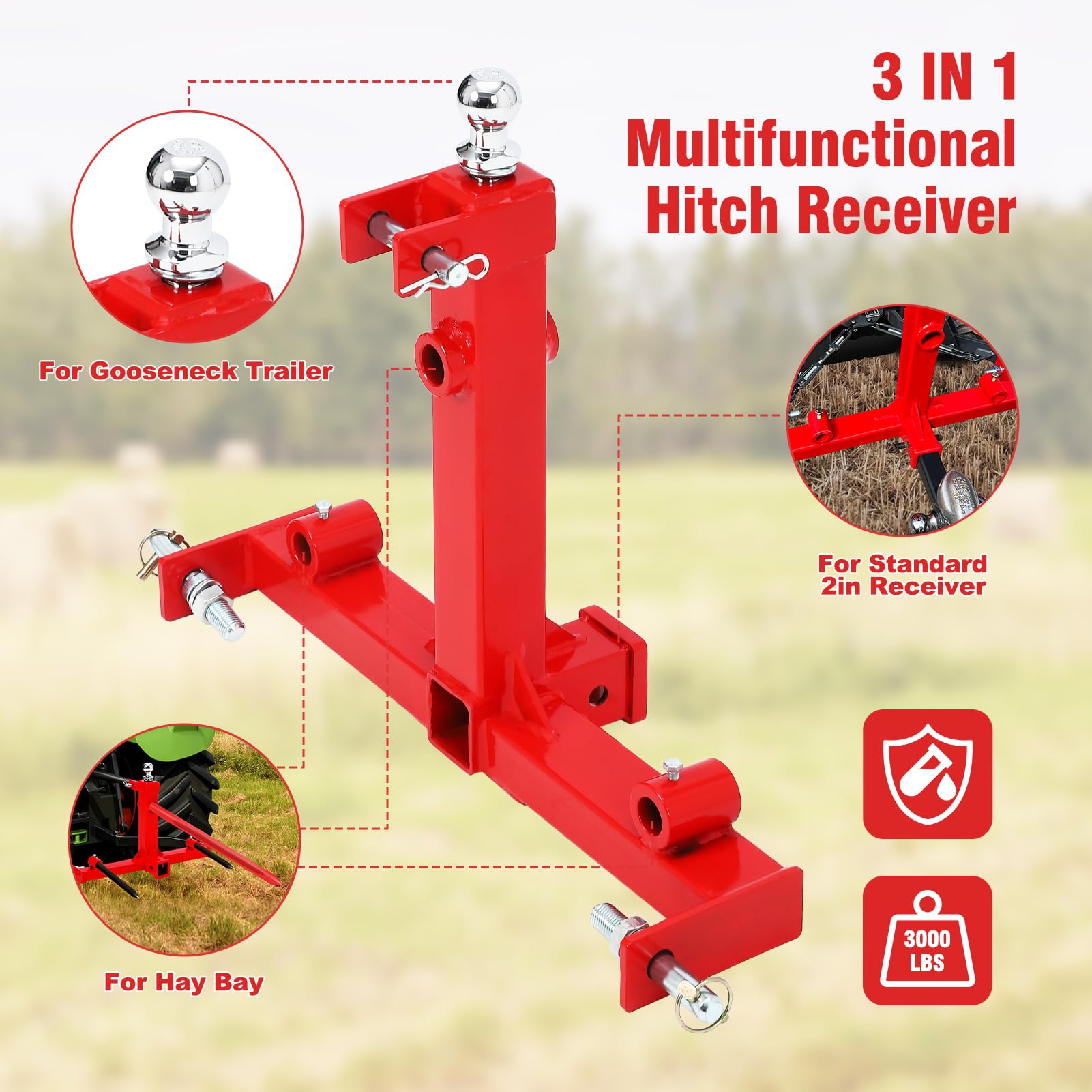 GARVEE 3000lbs 3-Point Gooseneck Trailer Hitch - 2 Inch Receiver for Category 1 Tractors - Heavy Duty Towing for Farm Equipment, Livestock Trailers & Agricultural Implements