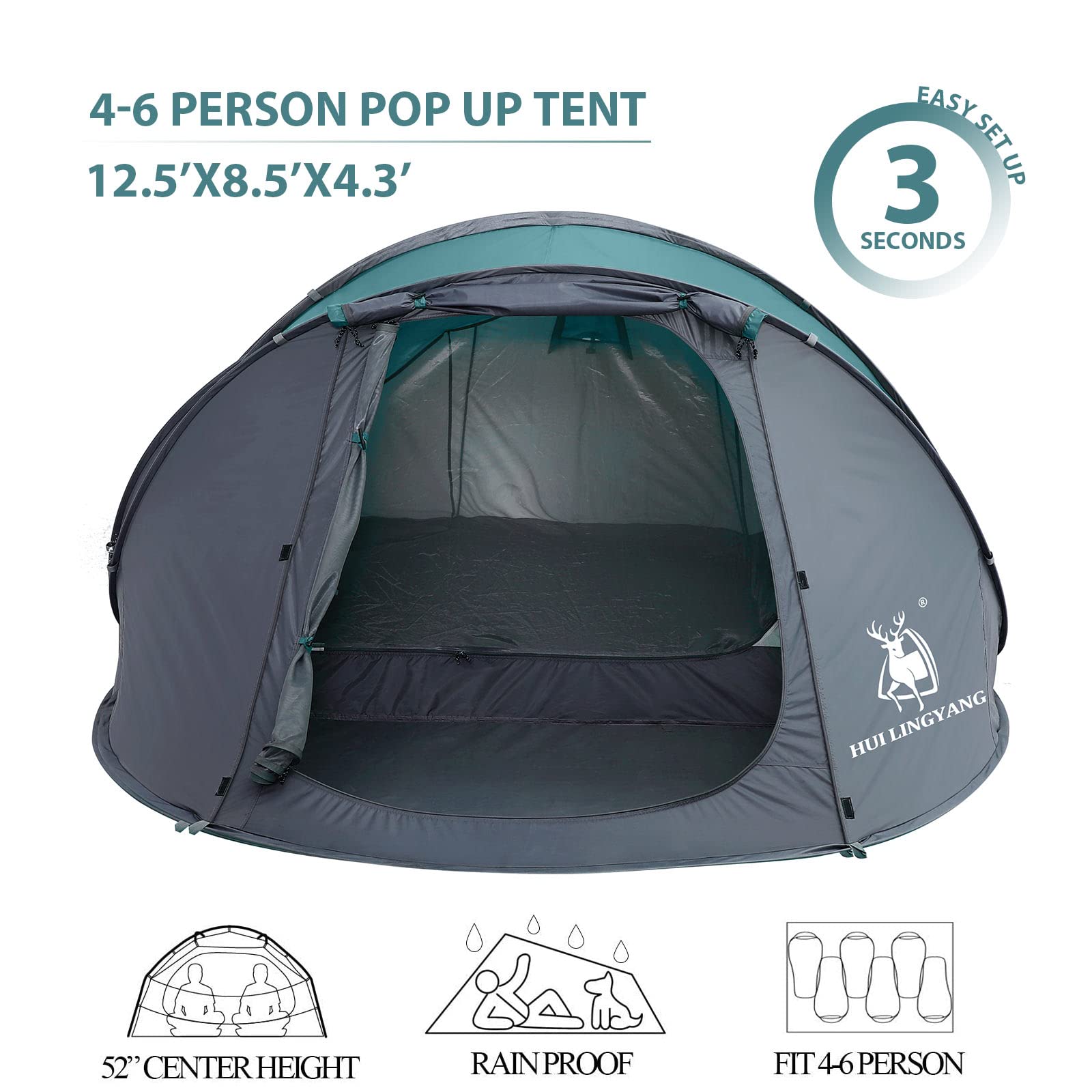 6 Person Easy Pop Up Tent - 12.5’ x 8.5’ x 53.5
