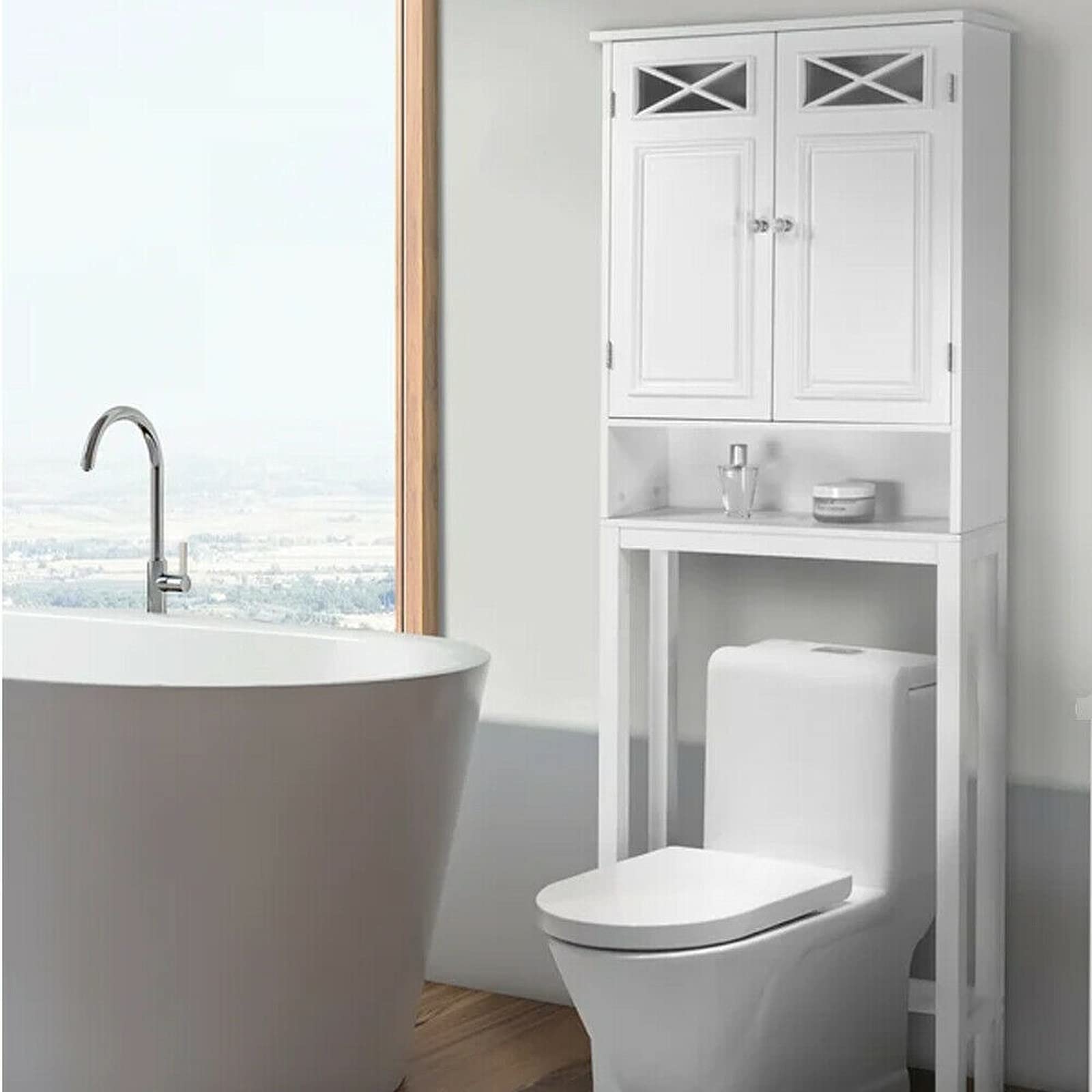 Over The Toilet Storage Cabinet - White Wood Bathroom Organizer with Shelves | Space Saving Bathroom Furniture for Towels, Toiletries & Decor