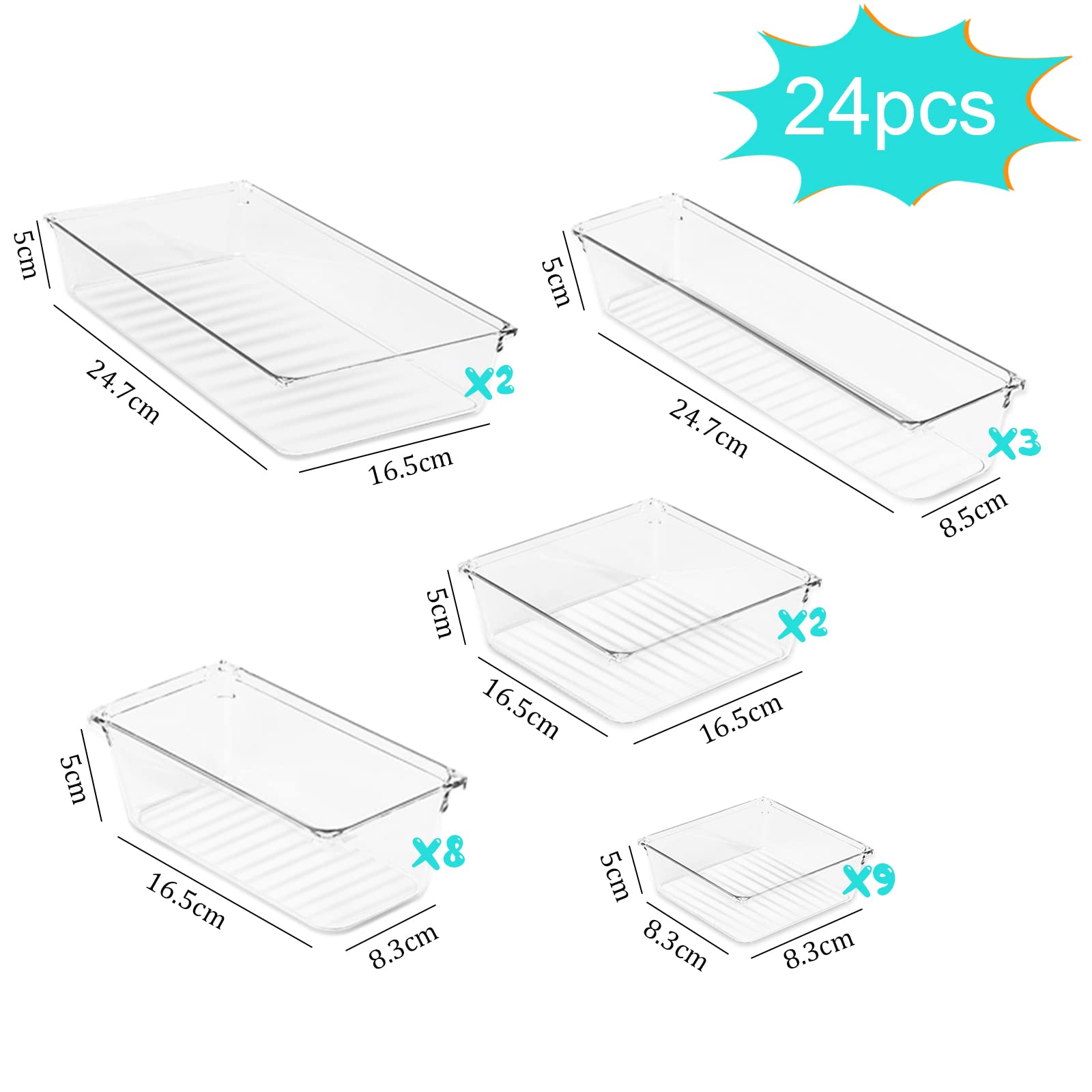 TWBEST 24-Pack Plastic Drawer Organizers - Clear Storage Bins for Makeup, Stationery, Utensils - Perfect for Bathroom, Kitchen, Office & Desk Organization (Transparent)