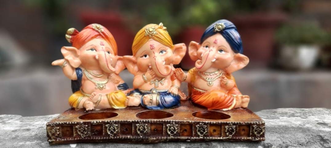 Handmade Resin Ganesha Tea Light Holder Set of 3 - 5