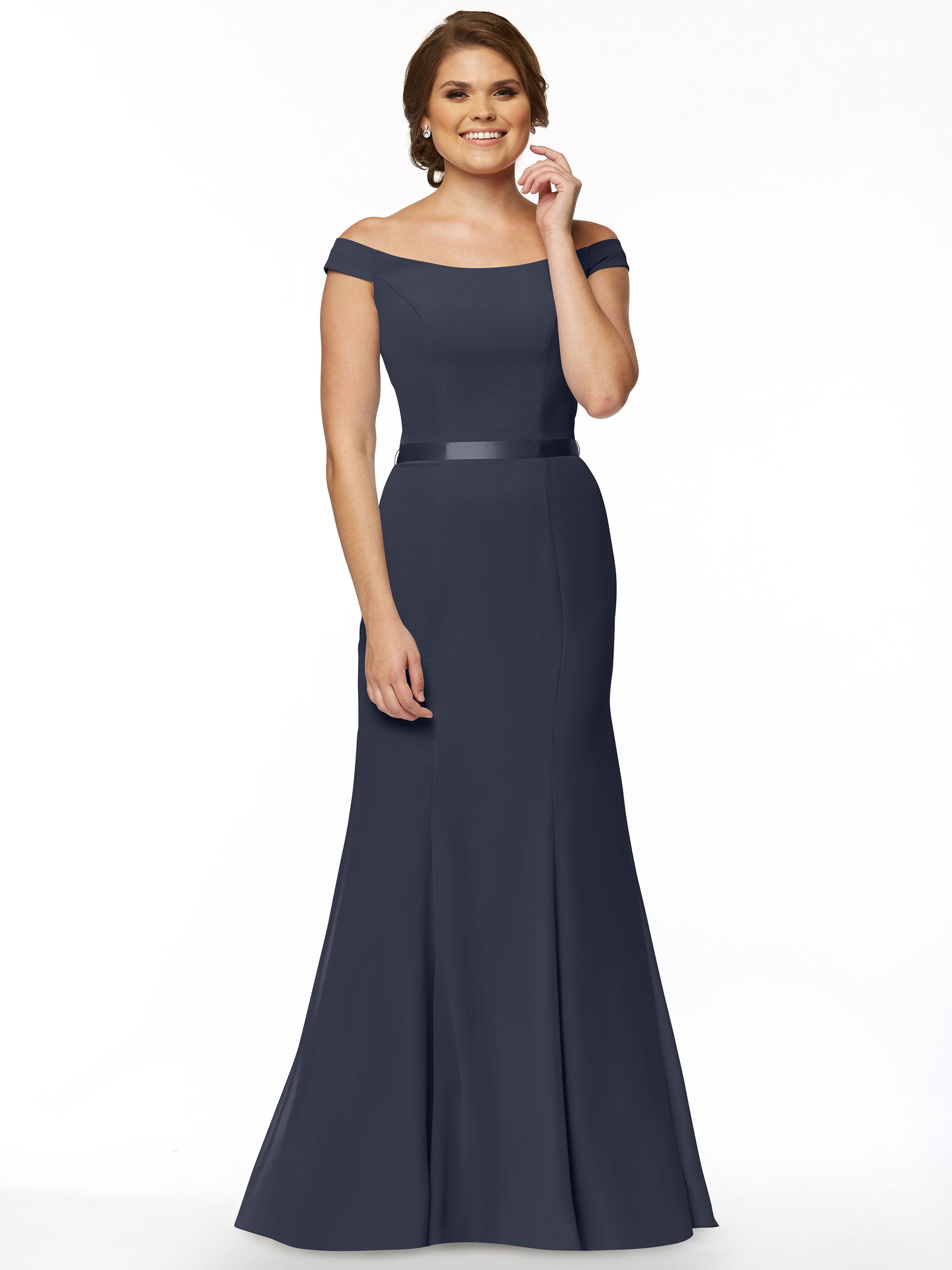 Elegant Off-The-Shoulder Chiffon Bridesmaid Dress with Ribbon Belt - Flowy Fit & Flare Design for Weddings, Parties & Special Occasions | Style #80079