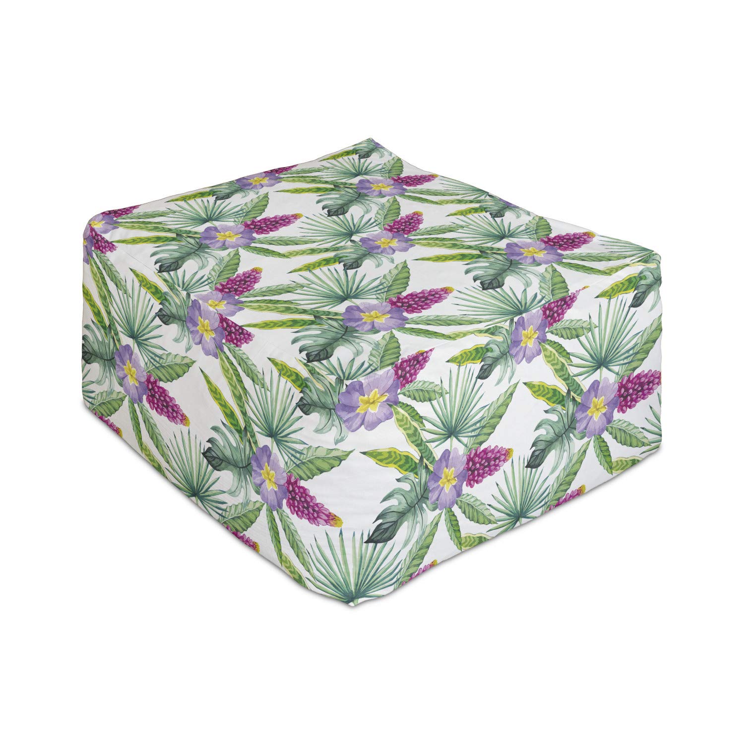 Ambesonne Watercolor Rectangle Pouf Ottoman - Tropical Flowers & Leaves Print Foot Rest Stool for Living Room, Office, Bedroom - 25