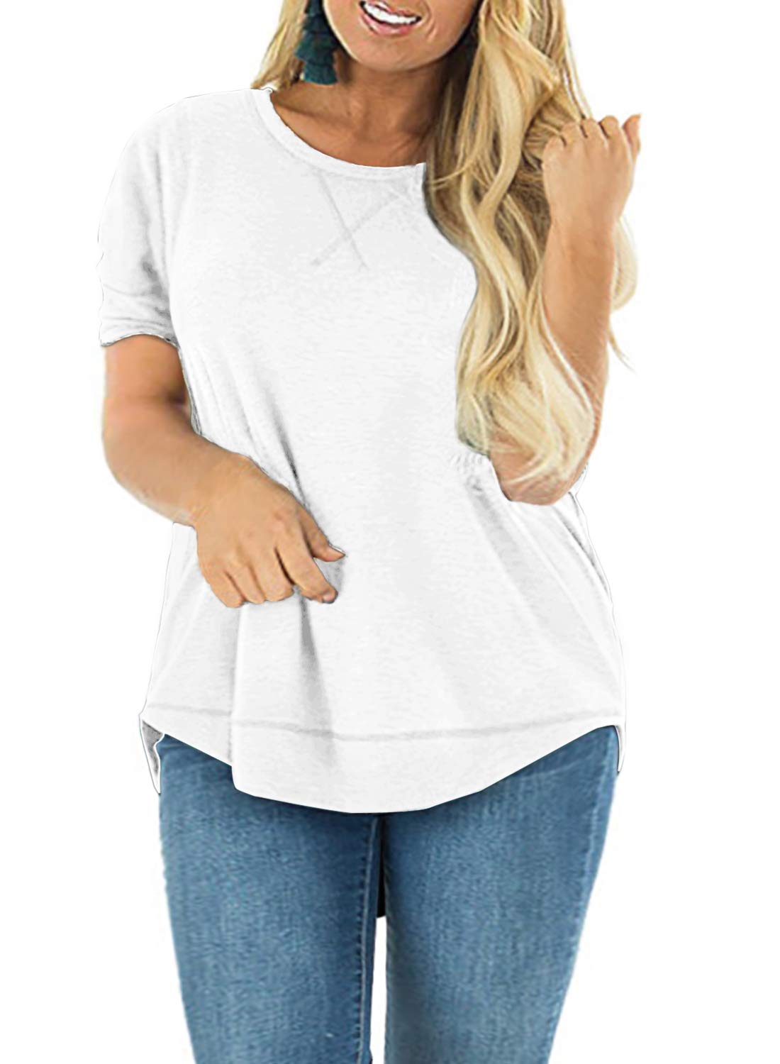 LANREMON Women's Plus Size Casual Short Sleeve Tunic Top with Pockets - Round Neck Loose Fit Blouse for Work, Travel & Everyday Wear