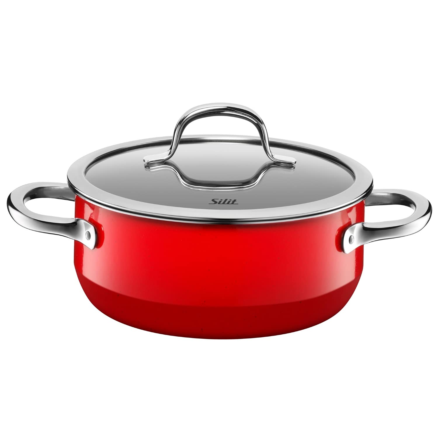 Silit 2.4L (20cm) Red Ceramic Pot with Glass Lid - Induction & Dishwasher Safe German-Made Cookware for Soups, Stews & Pasta | Hollow Handles & Pouring Rim