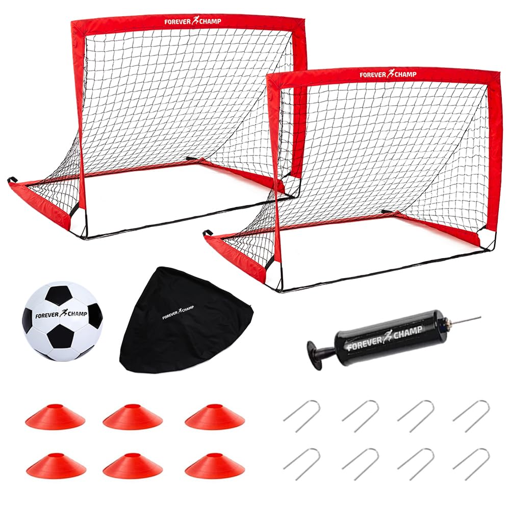 Forever Champ Kids Soccer Goals for Backyard - 2 Pack 4'x3' Soccer Nets with Ball, Pump, 8 Stakes, 6 Cones & 2 Targets - Durable Soccer Goal Set for Ages 4-10 - Easy Setup Backyard Soccer Training Equipment for Kids - Perfect for Backyard Practice, Youth Soccer Drills & Family Outdoor Play