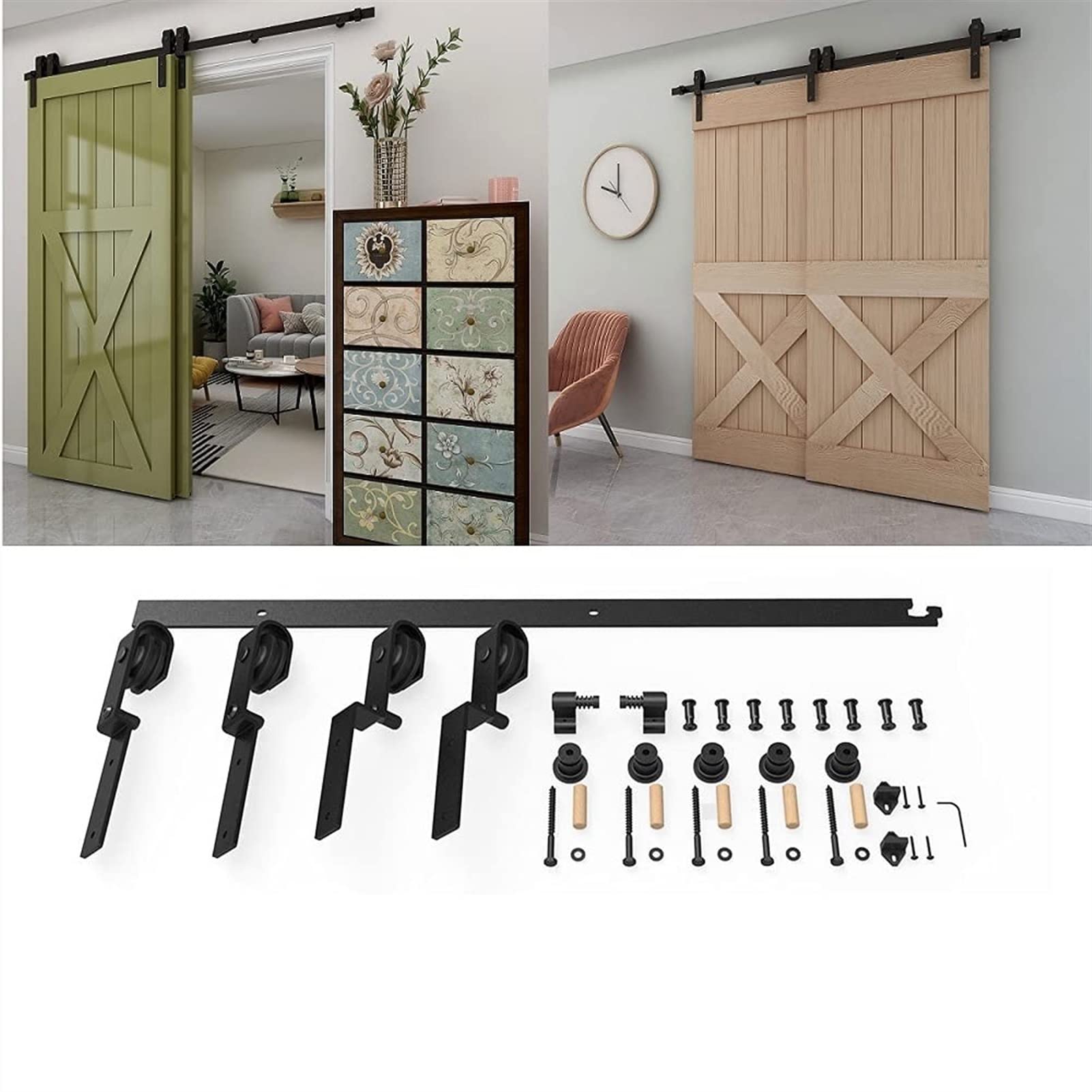 JHHL Barn Door Hardware Kit - Single/Double Sliding Door Rail Track System with Hanging Rail, Pulley & Full Accessories - Carbon Steel Black Finish for Bedroom, Closet & Room Divider