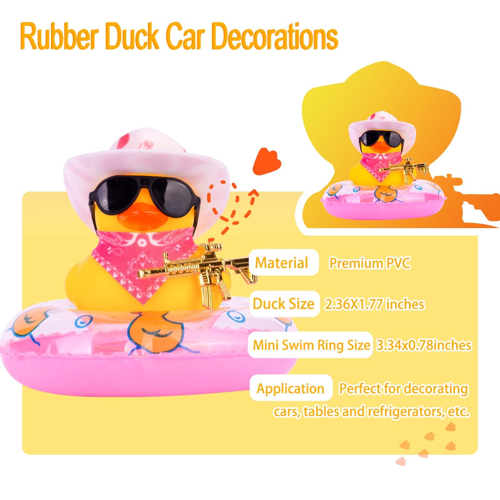 Funny Cowboy Duck Car Dashboard Decorations - Mini Rubber Duck with Swim Ring, Sun Hat, Sunglasses & Scarf - Cute Car Accessories for Dashboard, Office Desk or Party Decor