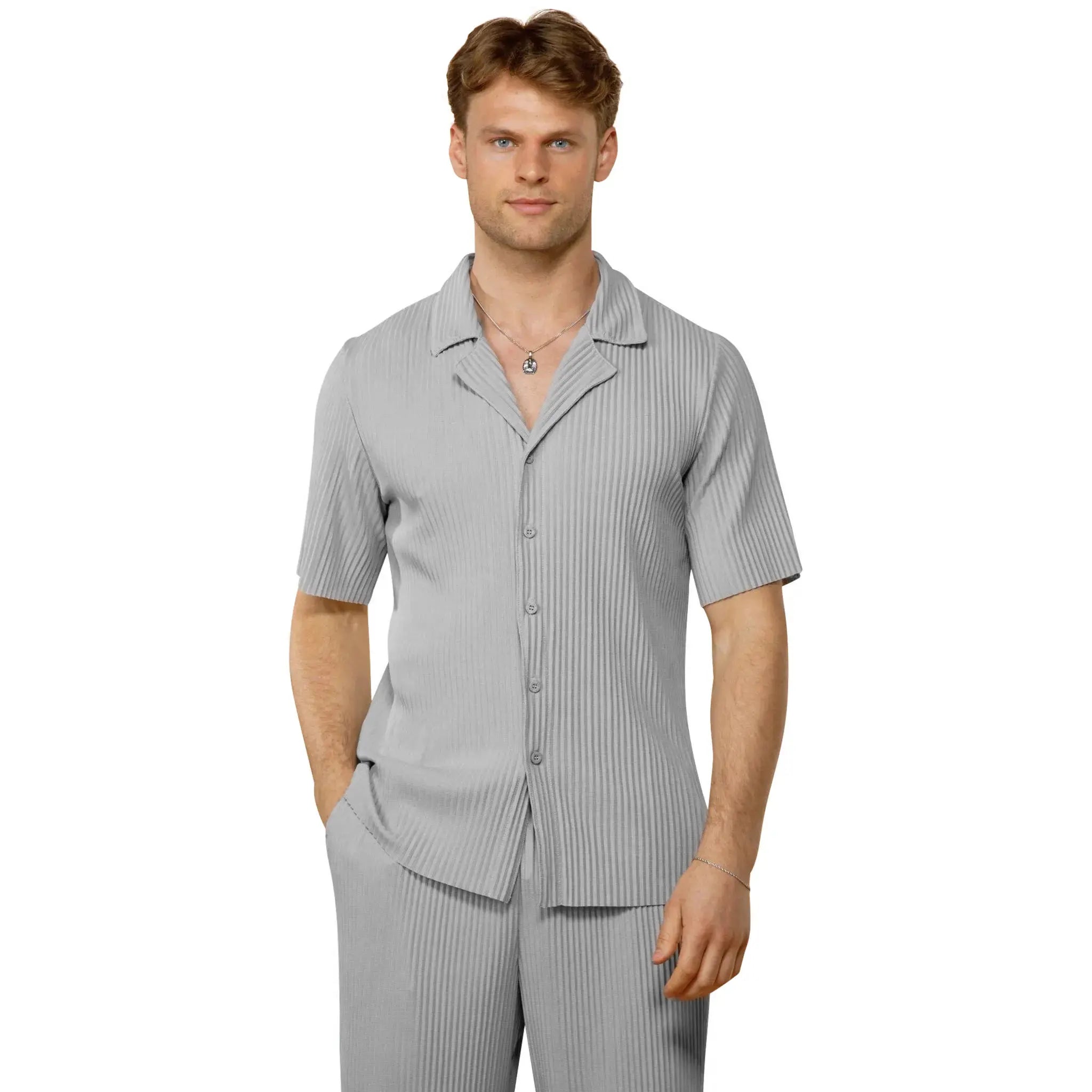 Belier Pleated Light Grey Resort Shirt & Shorts Set - Stylish Summer Vacation Outfit for Men, Beachwear, Tropical Holiday, Poolside Lounge & Casual Wear