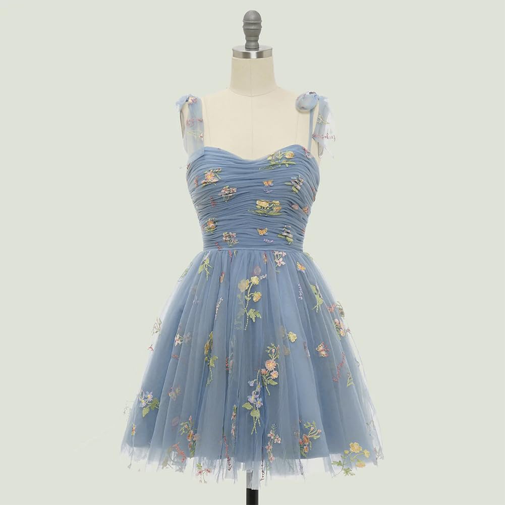 Elegant Women's Tie Strap Tulle Prom Dress with Sweetheart Neckline & Floral Embroidery - Short Formal Party Gown for Homecoming, Prom Night, Cocktail Parties & Special Occasions