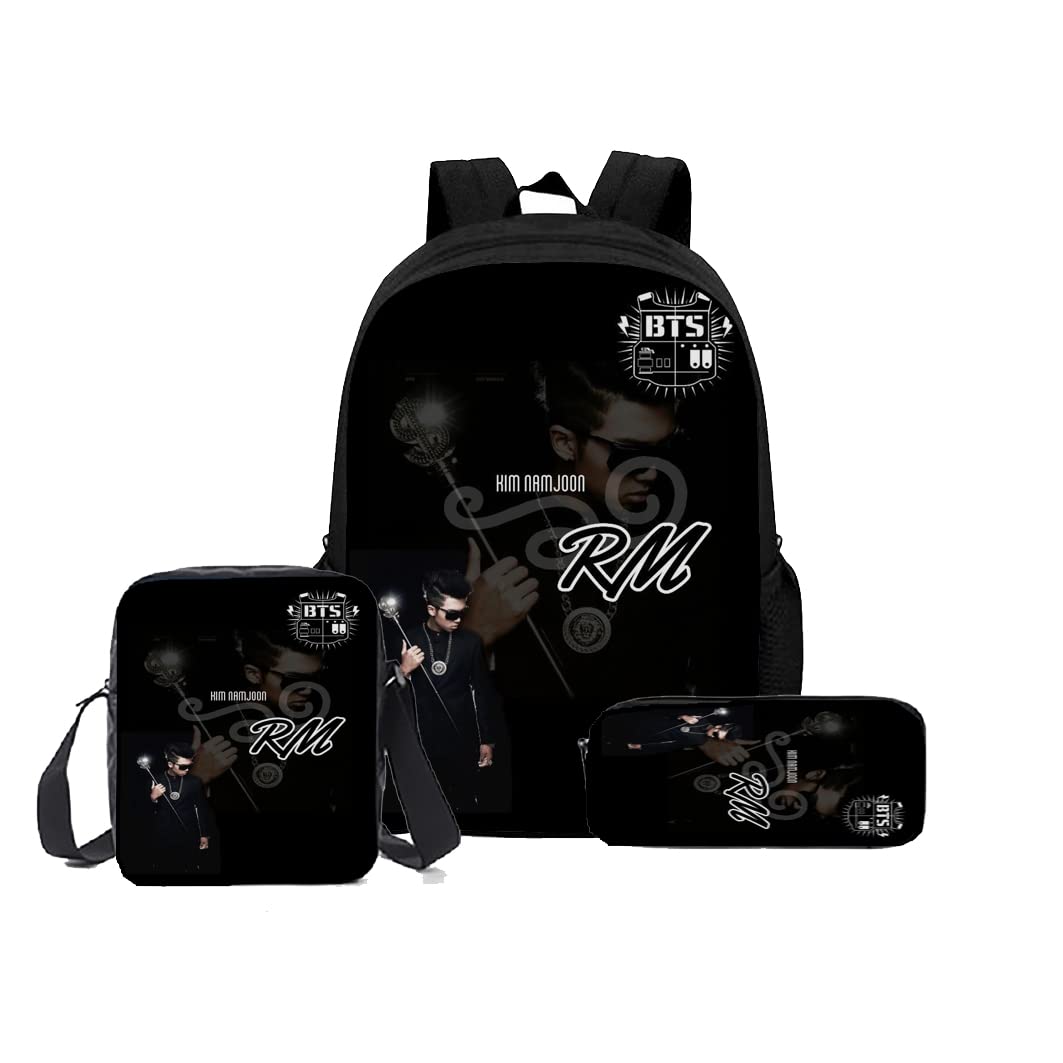 **BTS Themed Casual Backpack Set for School, College & Office - 3-Size Combo with Lunch & Pencil Pouch (Black) | Perfect for Students, Work & Travel**