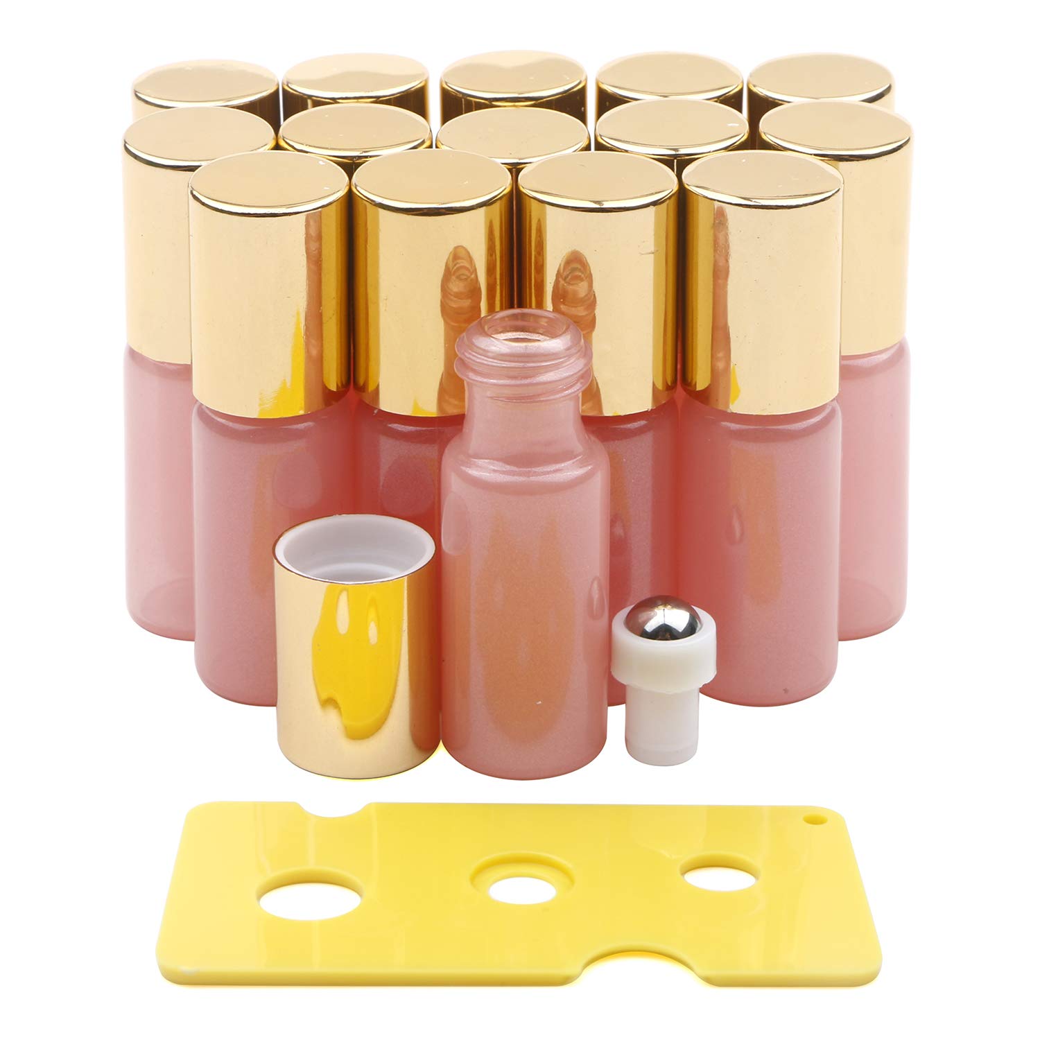 Kesell 15-Pack 5ml Glass Roller Bottles with Stainless Steel Roller Ball & Gold Cap - Pearl Pink Essential Oil Containers for Aromatherapy, DIY Blends & Travel