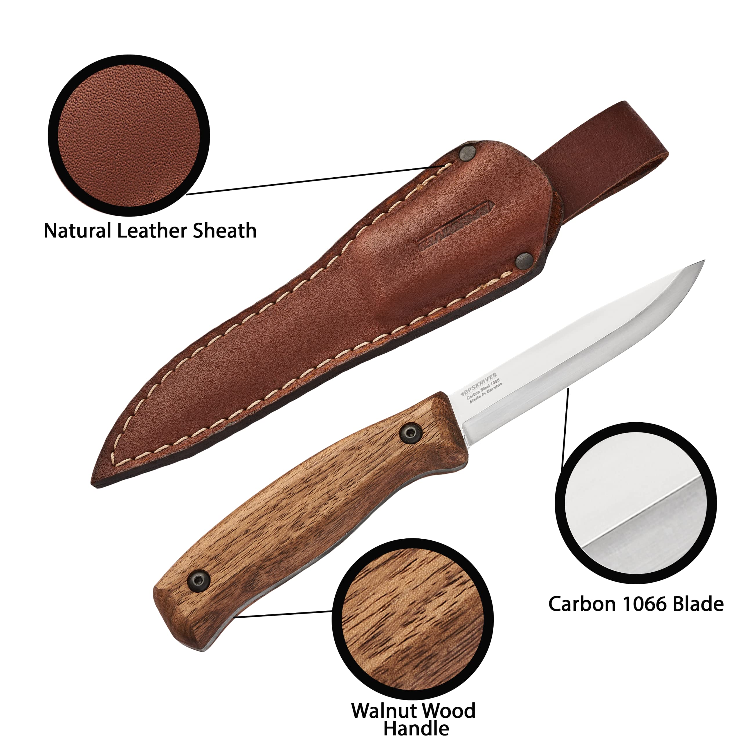 BPS Knives BS3 CSH Full Tang Fixed-Blade Bushcraft Knife - High Carbon Steel Survival Knife with Leather Sheath - Outdoor Camping, Hunting & Tactical Knife for Wilderness Survival & Bushcraft Activities