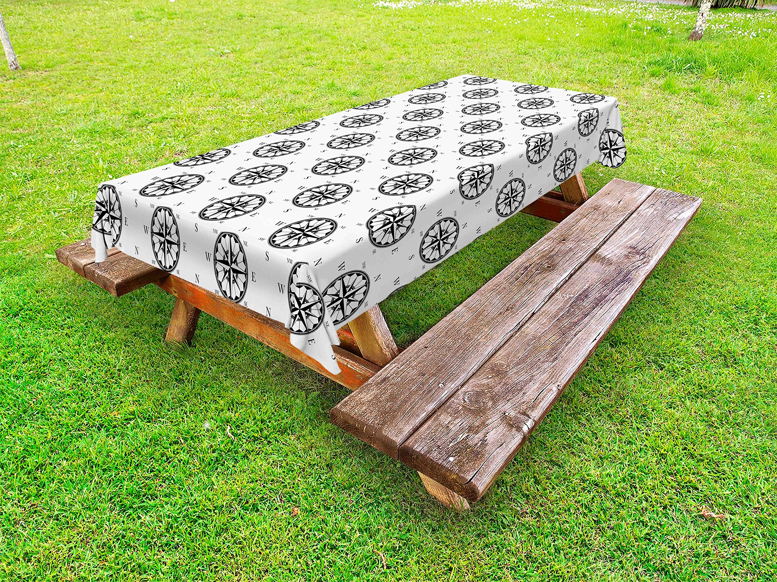 Lunarable Nautical Outdoor Tablecloth - Retro Compass & Wind Rose Travel Navigation Theme, Monochrome Washable Picnic Table Cover 58x120 Inches, Black & White - Perfect for Beach Parties, Backyard BBQs & Outdoor Dining