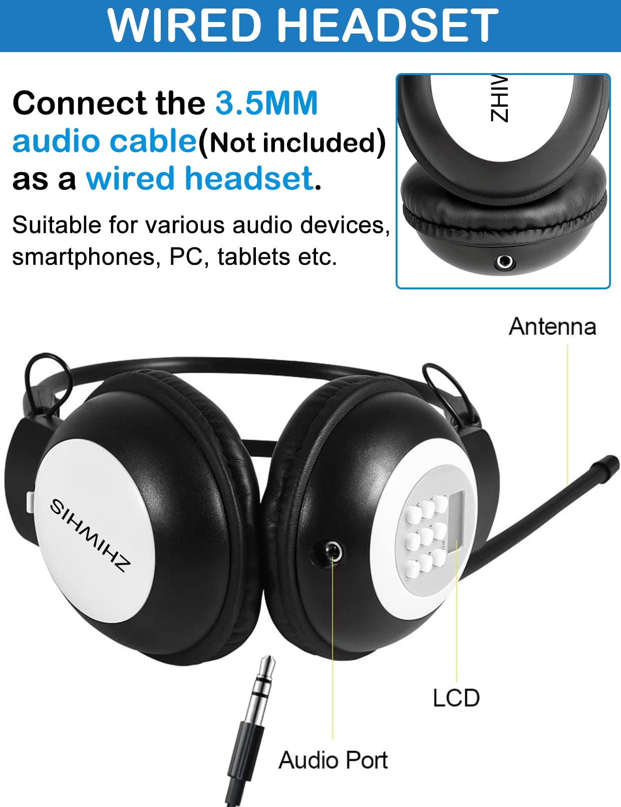ZHIWHIS FM Portable Radio with LCD Display - Stereo Over-Ear Foldable Headphones, Wireless/Wired Walkman for Walking, Running, and Conference Use - Operated by 2 AA Batteries (Model ZWS-308) | Perfect for Outdoor Activities, Commuting, and Office Meetings