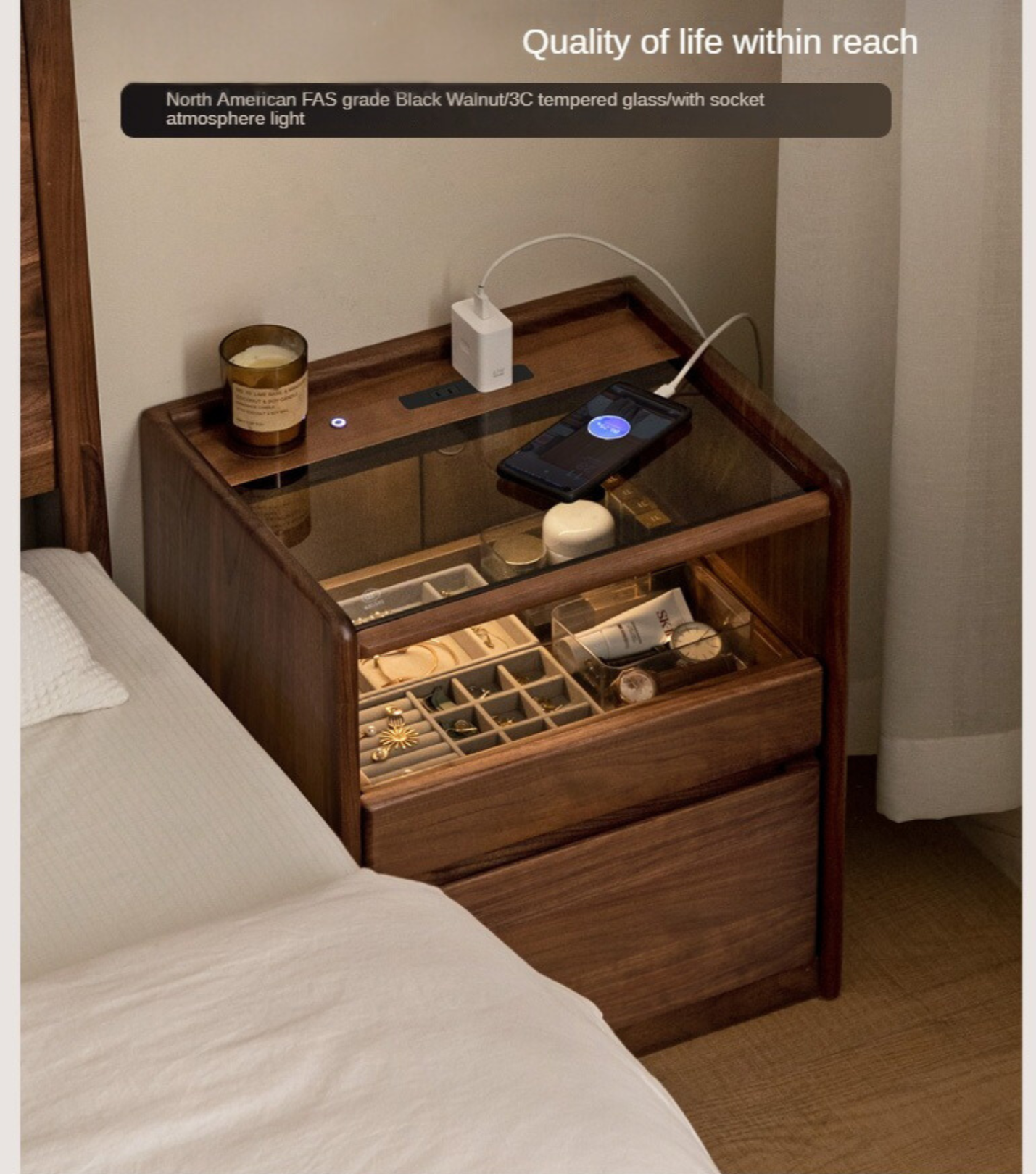 Solid Black Walnut Wood Nightstand with USB Outlet & Lamp - Perfect for Bedroom, Living Room, or Office Use