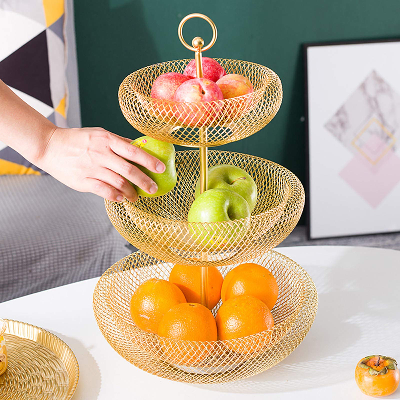 2 Tier & 3 Tier Gold Metal Wire Fruit Basket - Modern Nordic Style Countertop Organizer for Fruits, Vegetables & Bread | Perfect for Kitchen Counter, Dining Table & Pantry Storage