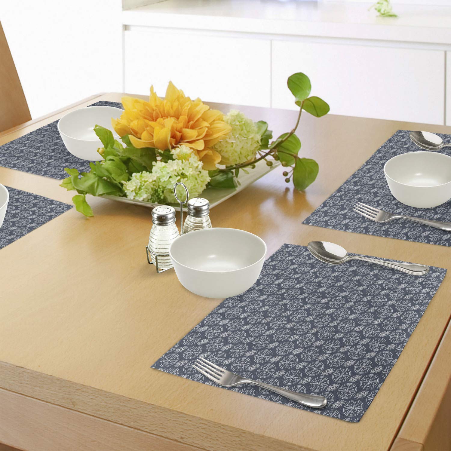 Ambesonne Japanese Style Place Mats Set of 4 - Abstract Floral Circle Design with Ornate Leaves, Washable Fabric Table Mats for Dining Room & Kitchen Decor in Charcoal Grey, Dark Blue & White | Perfect for Asian-Themed Dinner Parties, Home Decor, and Holiday Table Settings