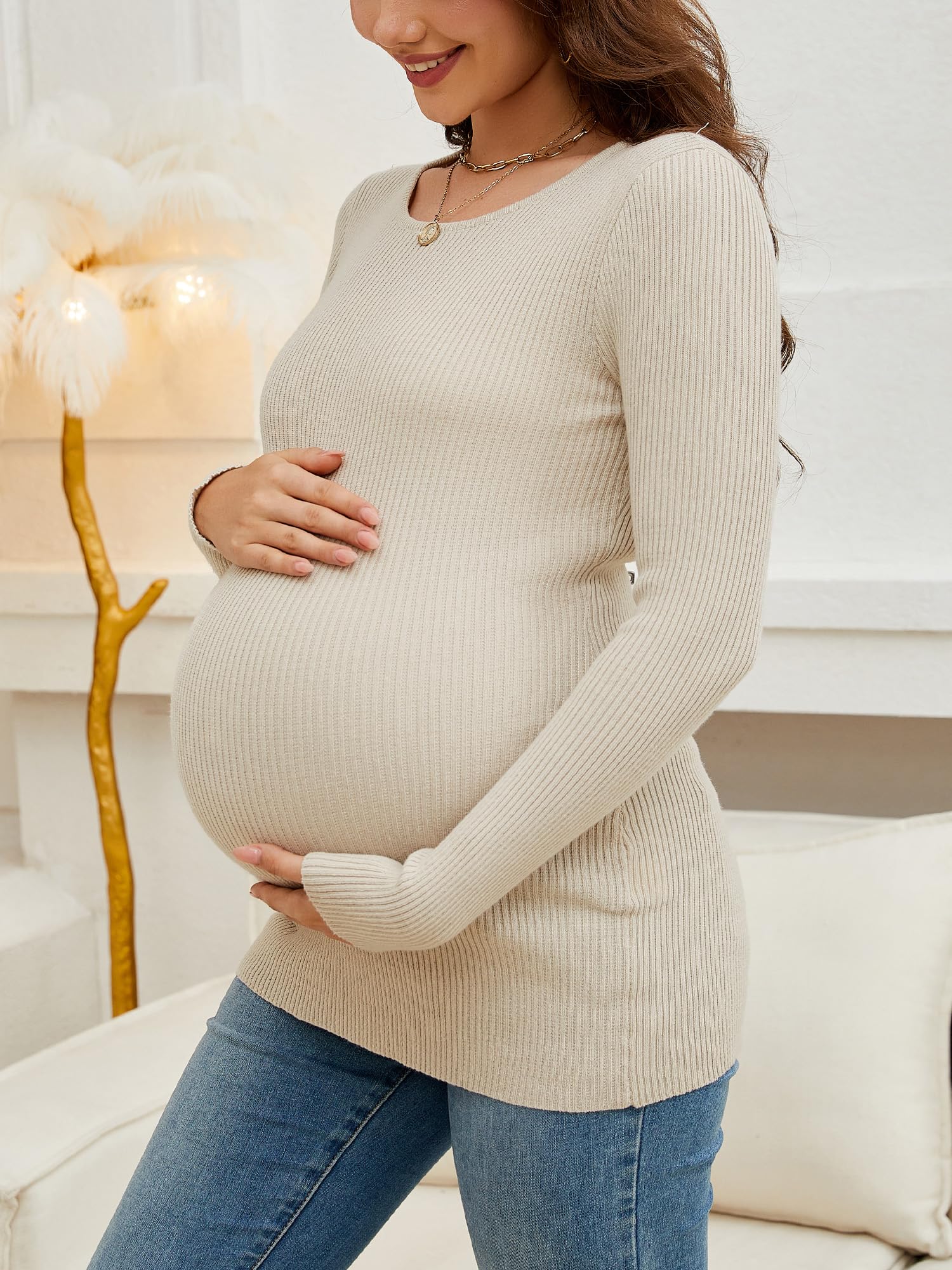 Comfortable Maternity Shirts - Ribbed Knit Long Sleeve Crewneck Pregnancy Tunic Tops for Women | Soft Stretchy Casual Maternity Clothes | Perfect for Work, Pregnancy Photos & Everyday Wear