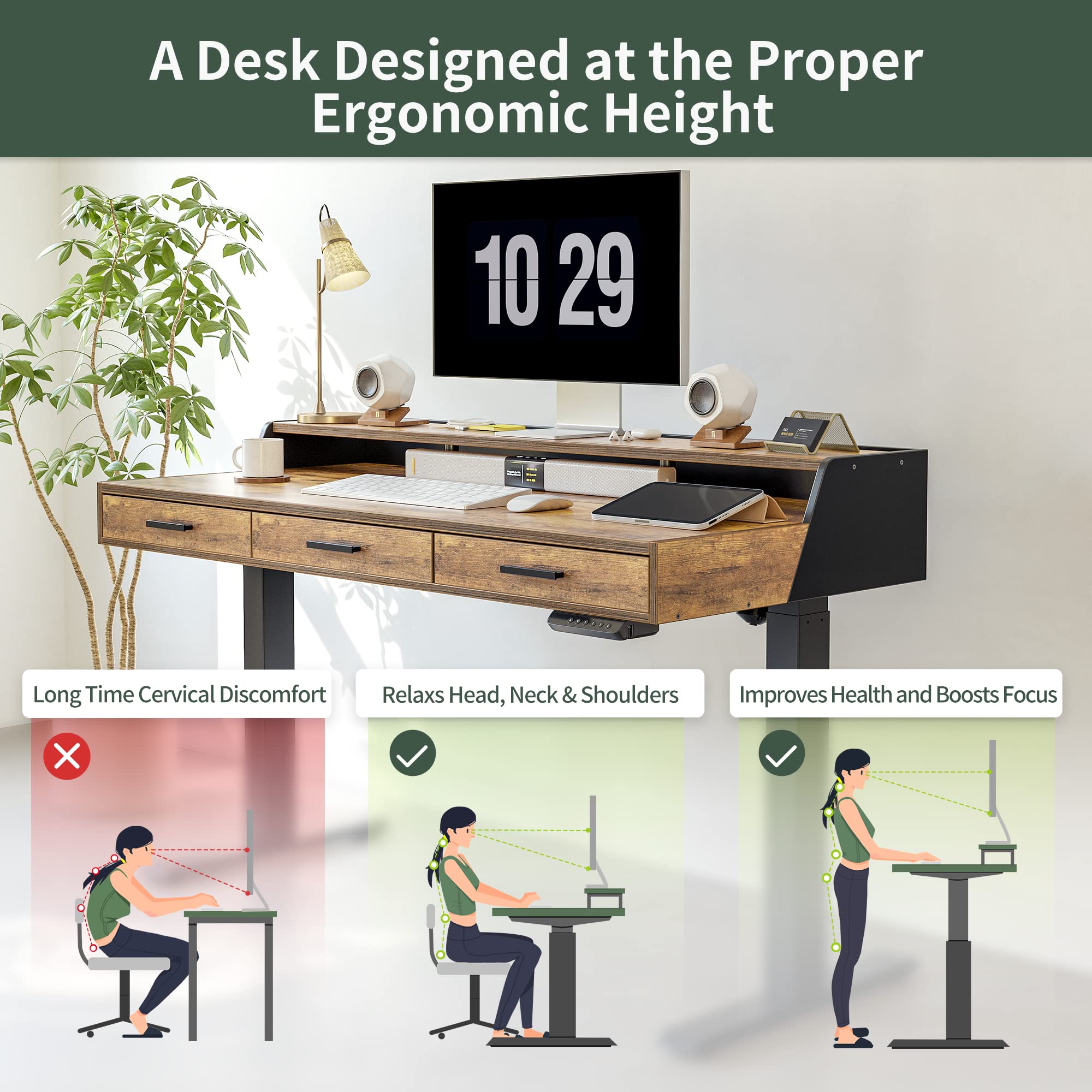 FEZIBO 55x26 Inch Electric Standing Desk with Drawers - Adjustable Height Sit Stand Desk with Monitor Shelf, Rustic Brown Home Office Desk for Ergonomic Workspace & Small Office Setup