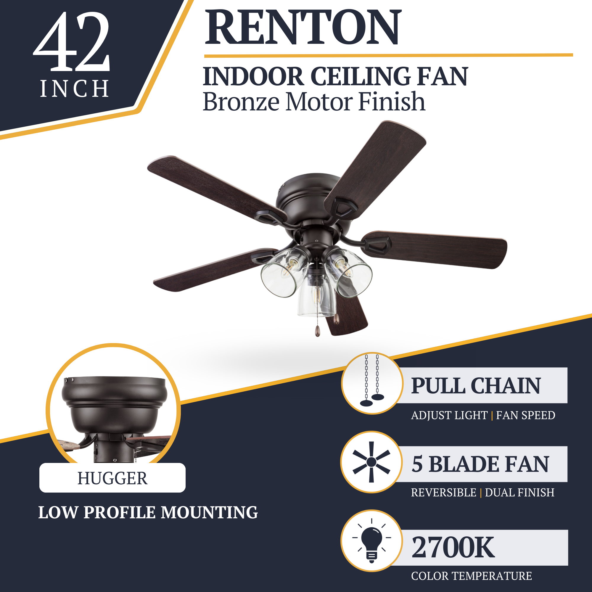 42 Inch Renton Ceiling Fan with Espresso Bronze Finish & Pull Chain - Modern Indoor Cooling for Living Room, Bedroom, and Office