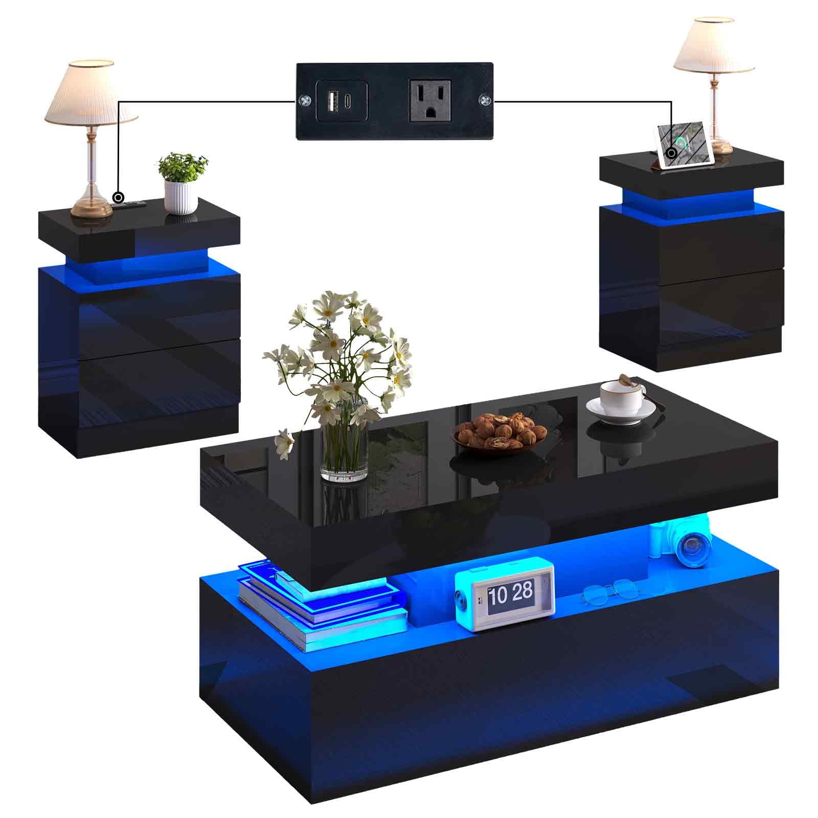 Modern 3-Piece High Gloss Coffee Table Set with LED Lights & Storage - Includes 2 End Tables with USB Charging Stations - Perfect for Living Room, Office, or Modern Home Decor - Black Contemporary Furniture Set