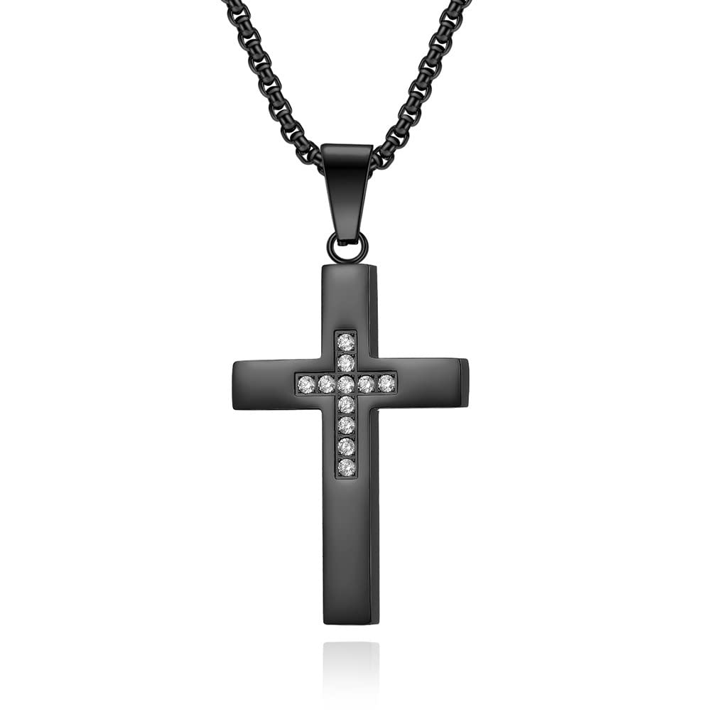 SHNIAN Black Cubic Zircon Cross Pendant Necklace for Men & Women - Religious Jewelry Gift
