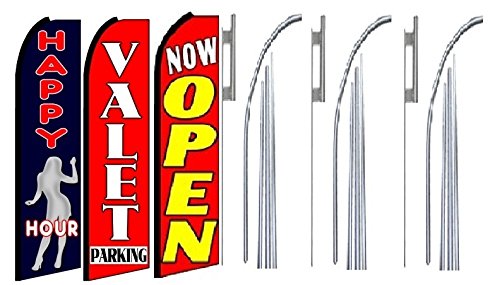 OnPoint Wares Happy Hour Valet Parking Now Open King Feather Flag Kit with Pole & Ground Spike - 3 Pack | Outdoor Advertising, Car Dealership Signs, Event Promotion