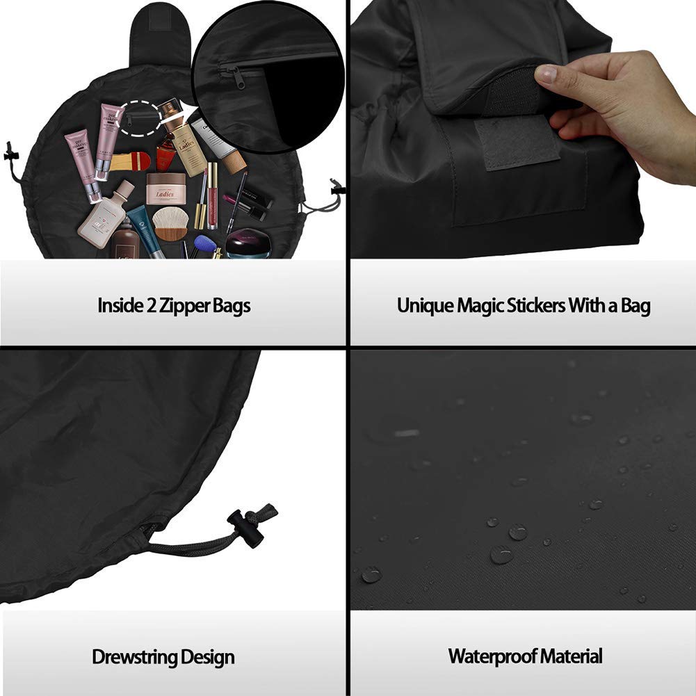 Waterproof Large Capacity Drawstring Makeup Bag for Women - Travel Cosmetic Organizer Pouch, Portable Makeup Storage Case for Toiletries & Beauty Essentials (Black) - Perfect for Travel, Gym & Daily Use